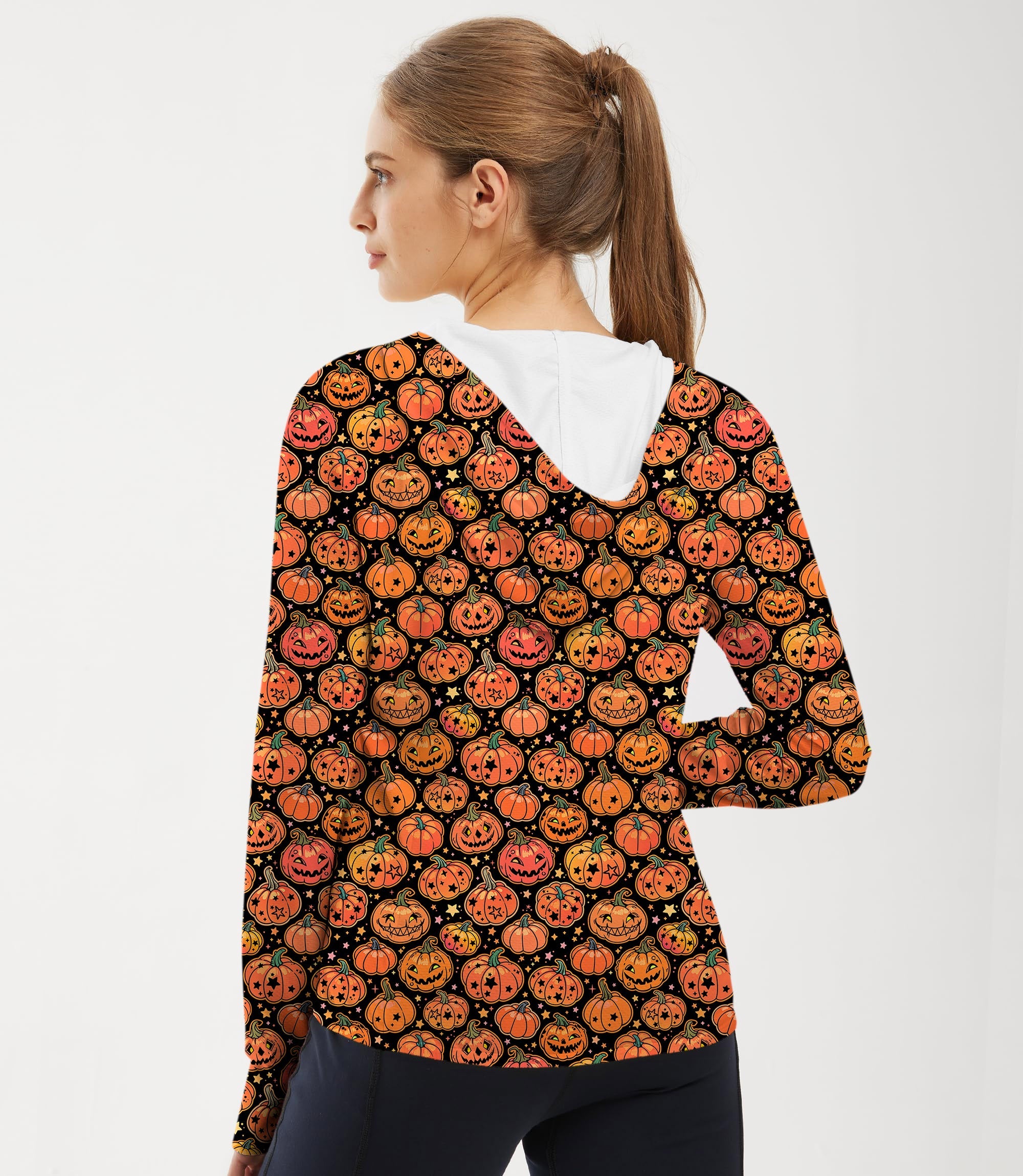 Women's outdoor slim fit zip hoodie with Halloween pumpkin and bone pattern for sun protection and golf activities