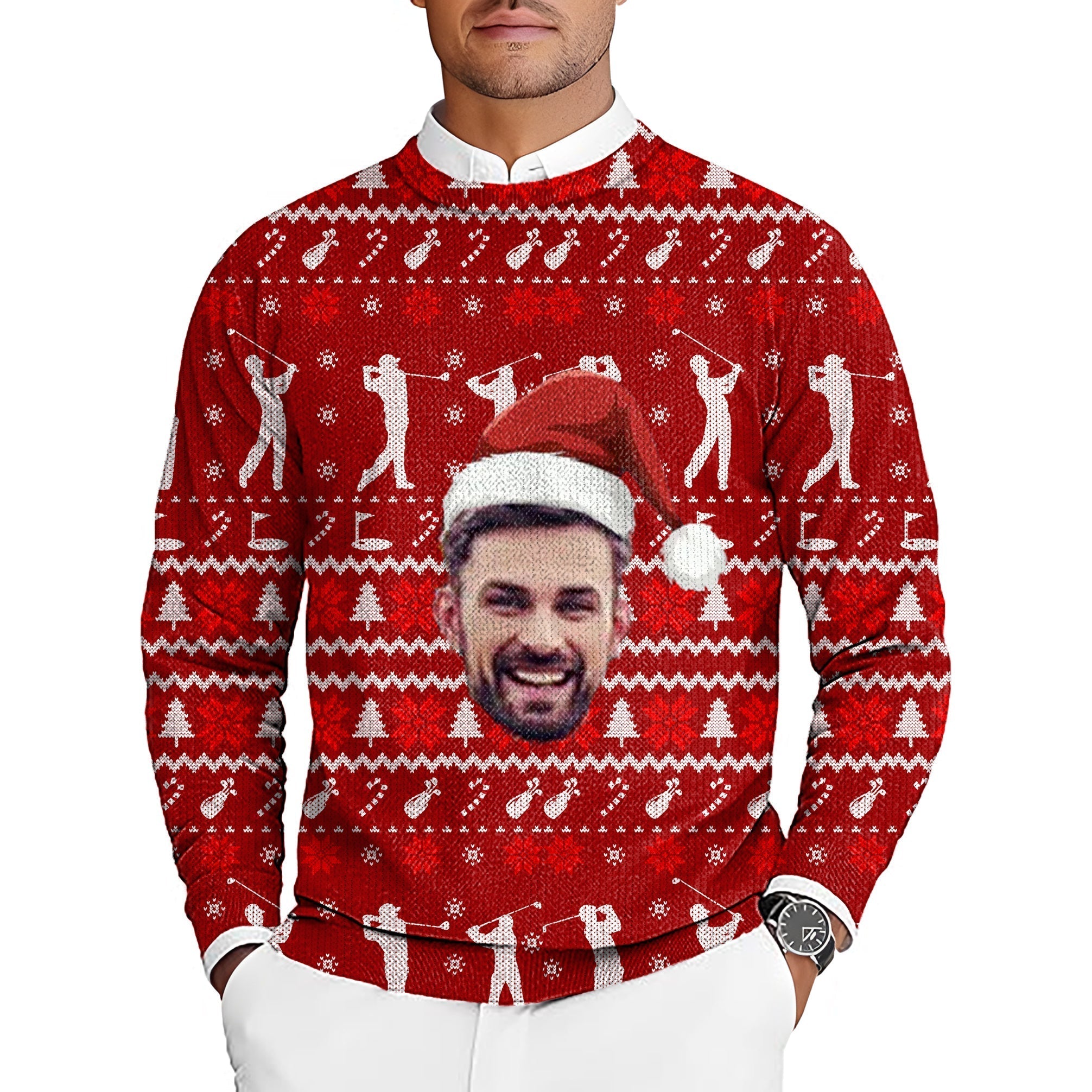 Custom face M-Christmas men's golf crewneck pullover sweater with personalized face and festive golf pattern