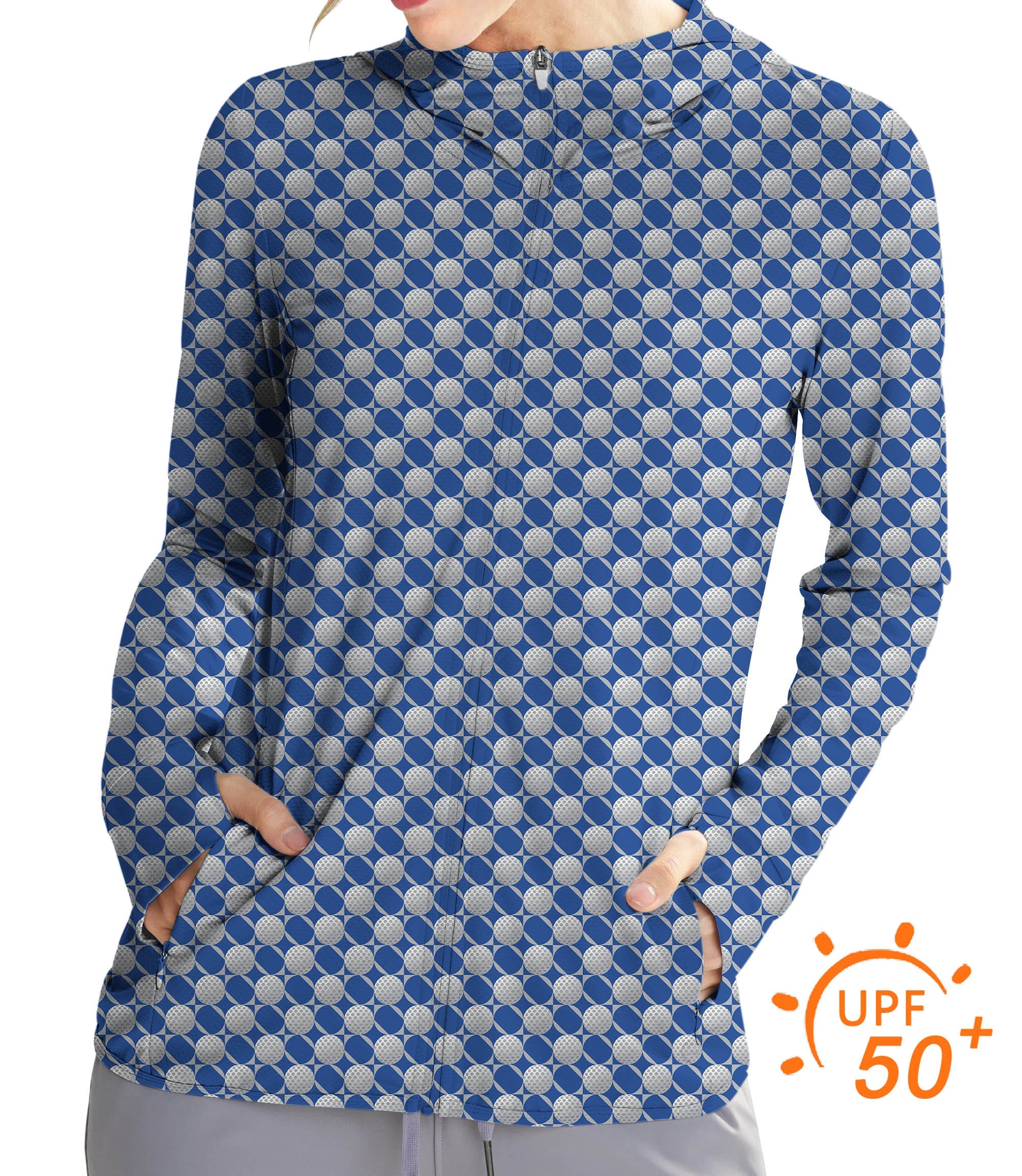 Women's outdoor blue golf sun protection slim fit zip hoodie with golf ball pattern and UPF 50+ UV protection
