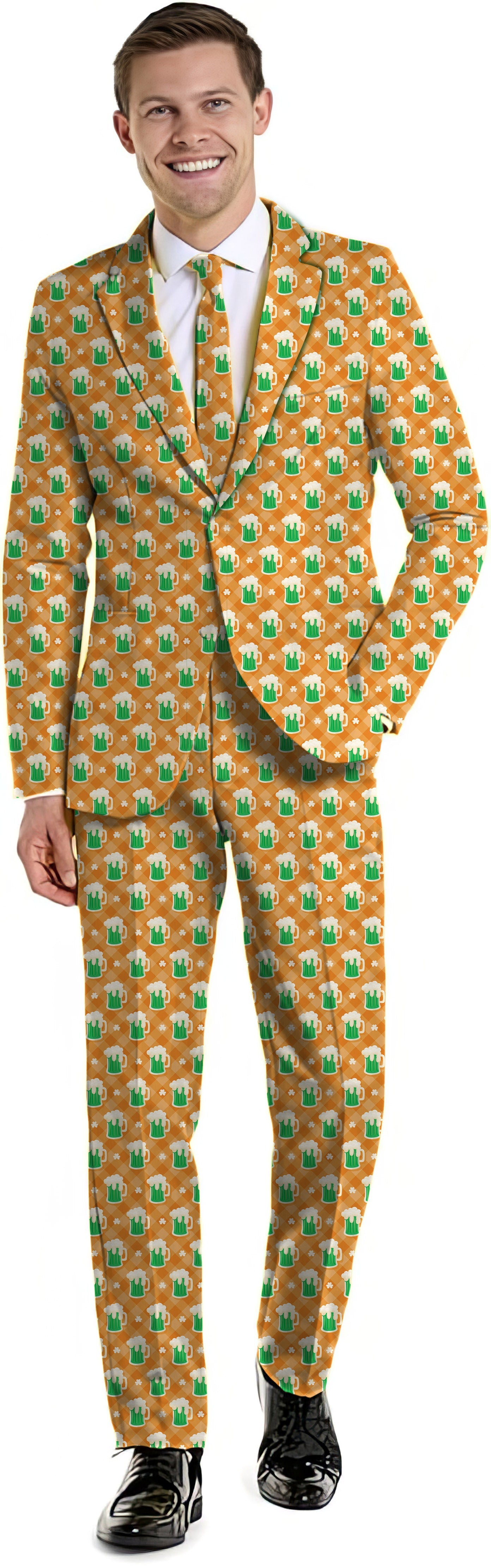 Men's St. Patrick's Day suit with green beer and clover leaf pattern blazer and pants