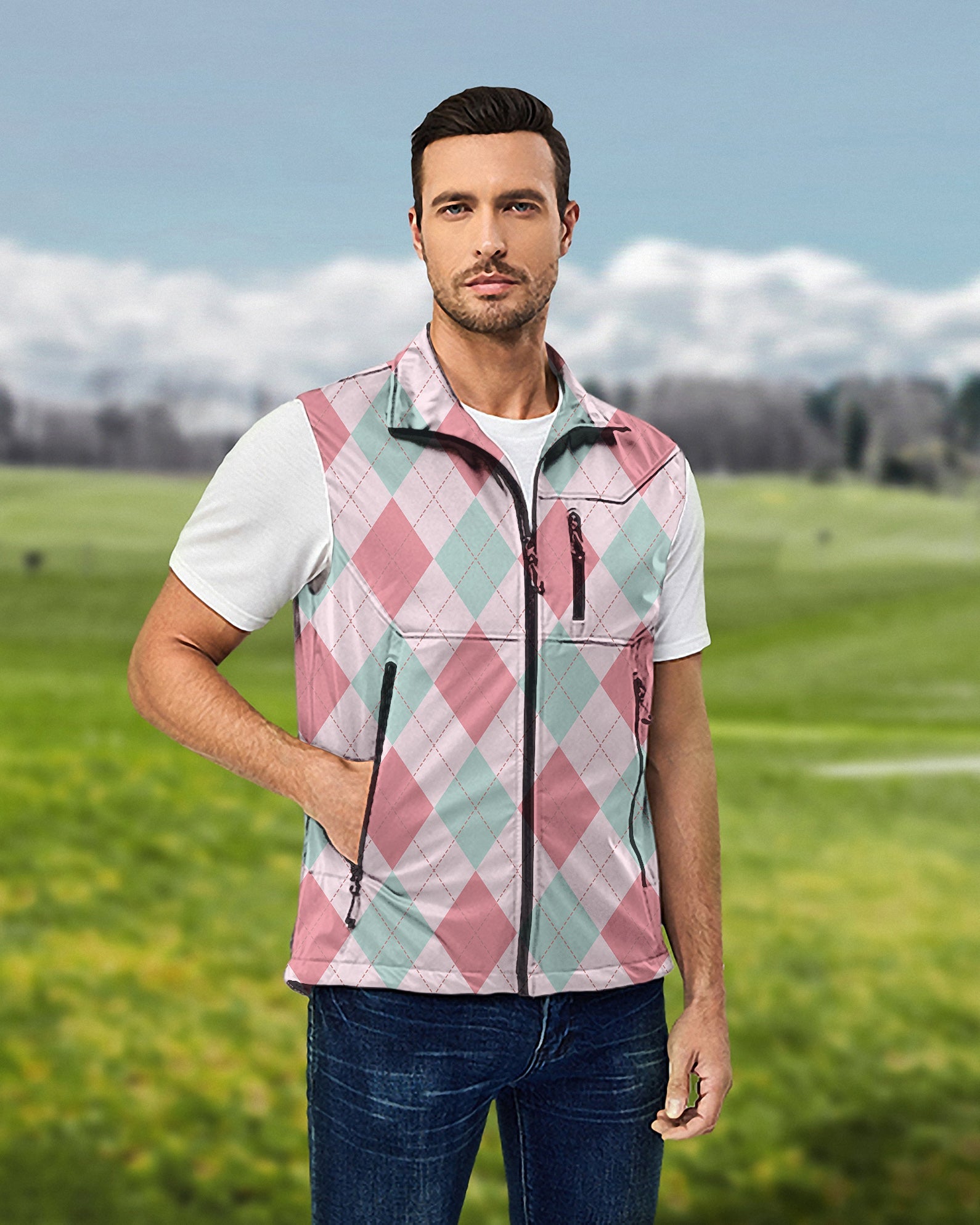 Men's pink argyle lightweight softshell golf vest, windproof and waterproof sleeveless jacket