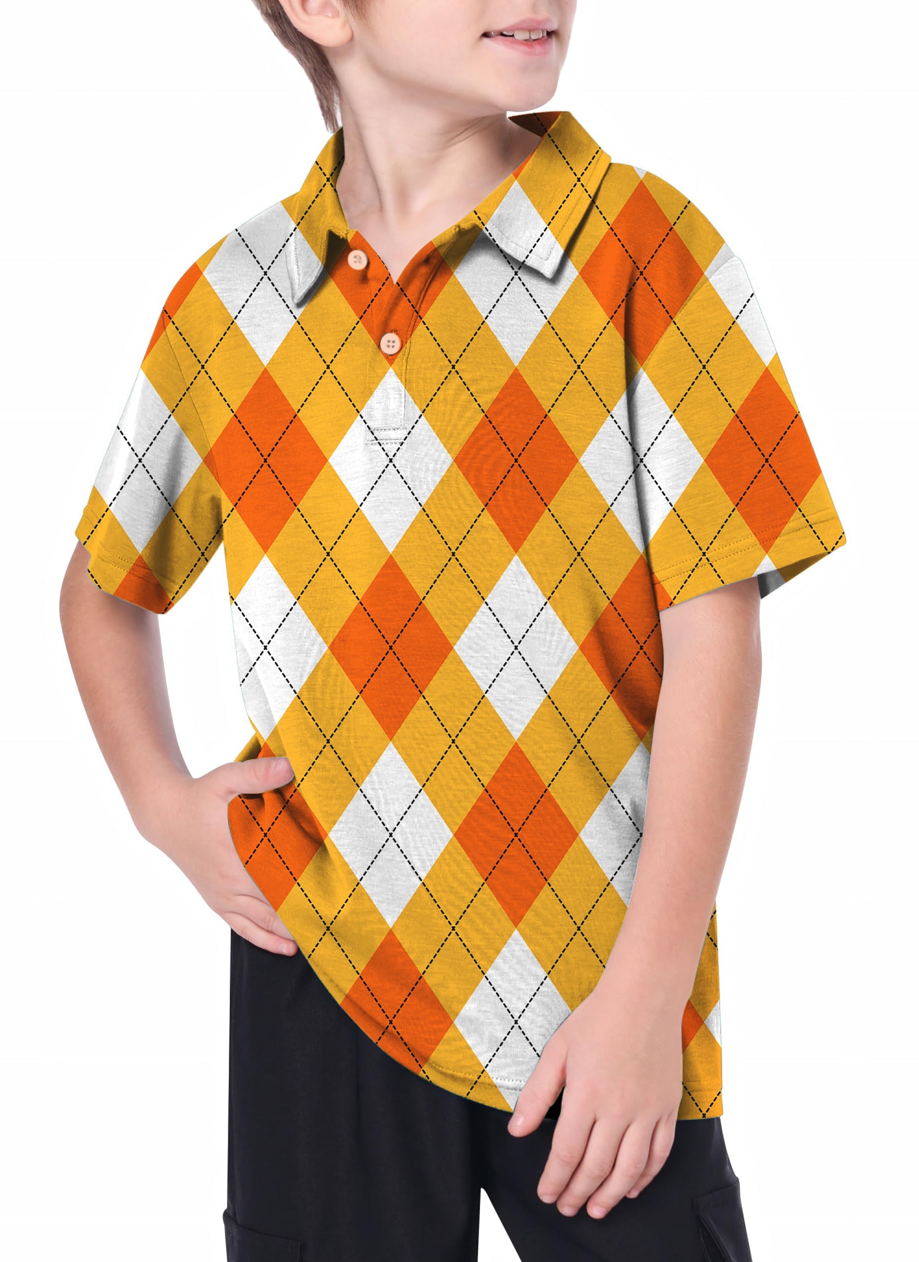 Youth Halloween Cross orange white argyle golf polo shirt for kids with moisture-wicking and UPF 40+ features