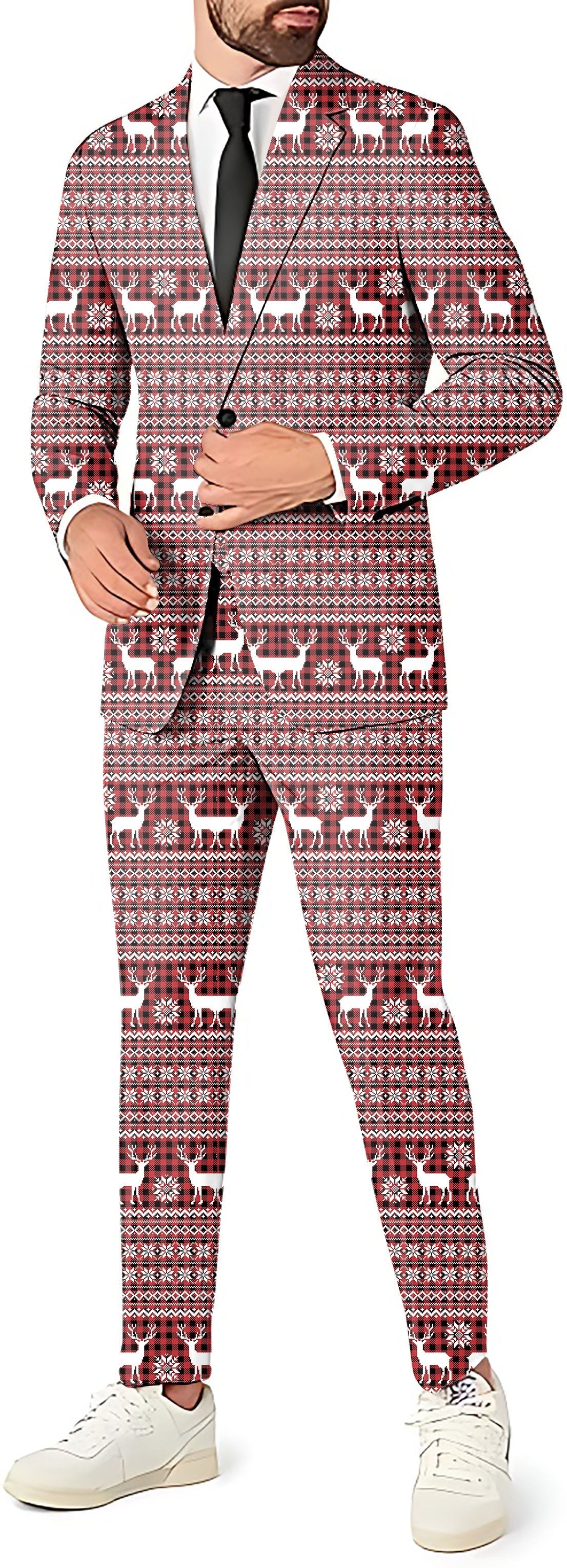 Men's elk deer Christmas suit set with blazer, vest, and pants in festive pattern