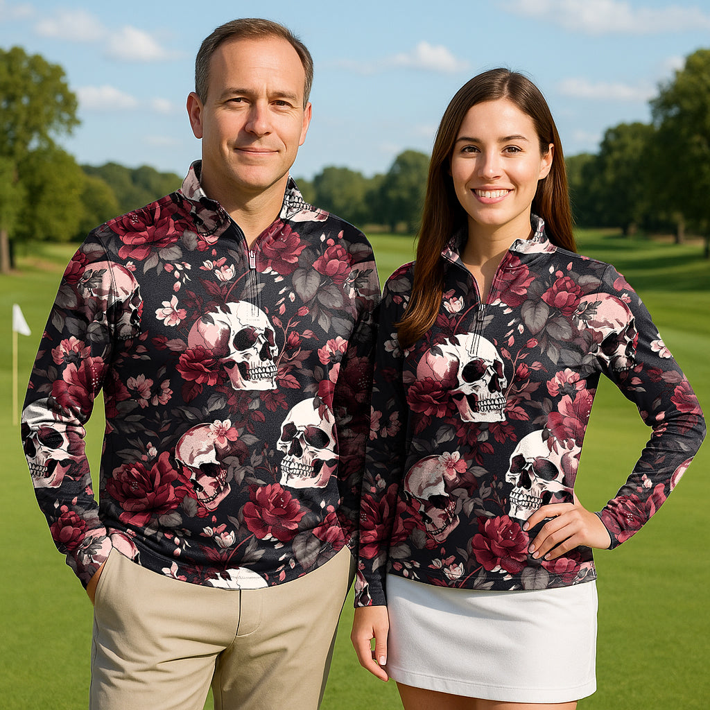 Halloween floral skull Couple Golf Active 3/4 Zip Top Long Sleeves