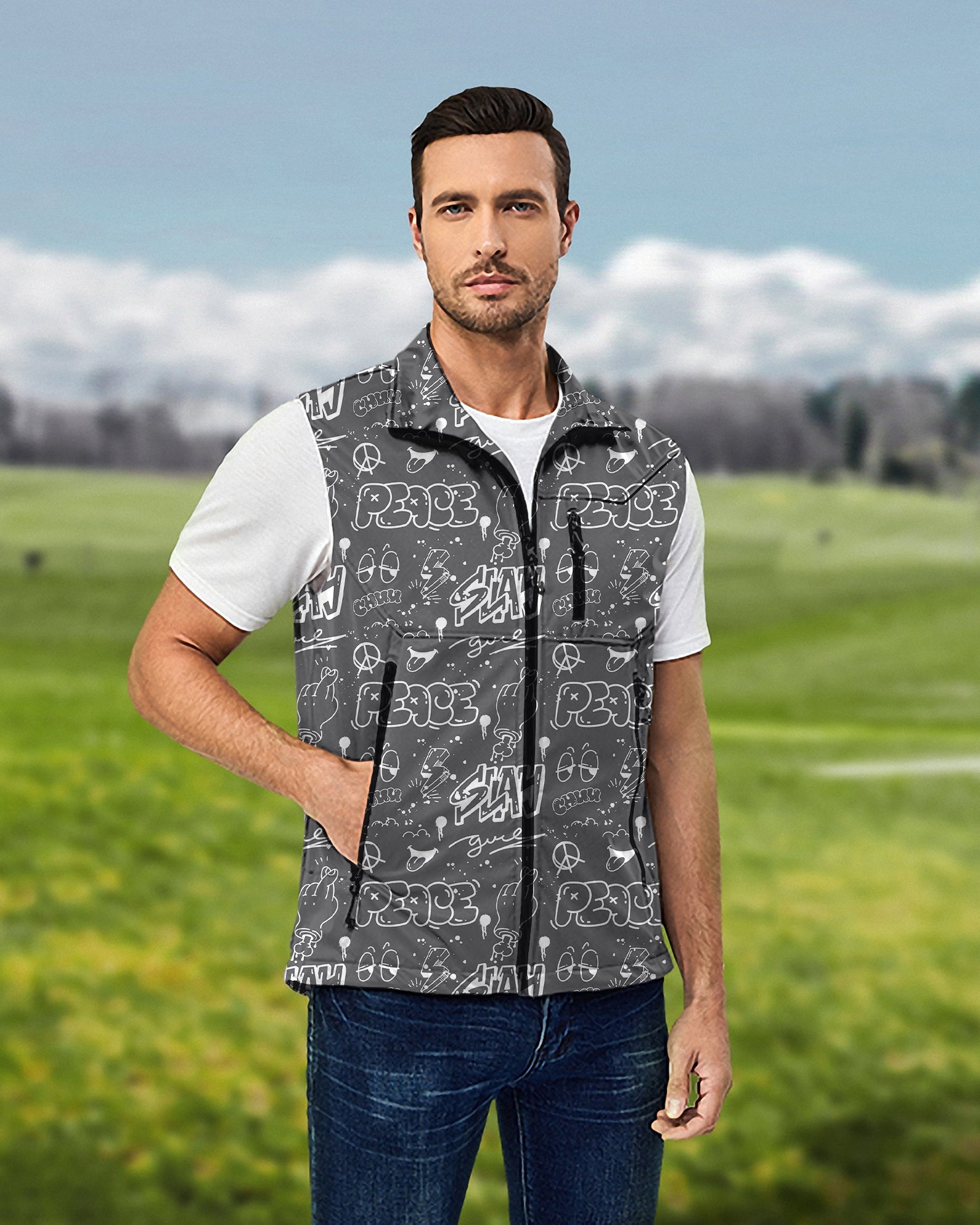 Men's Gray Slay Peace lightweight softshell vest for golf, windproof and waterproof sleeveless jacket