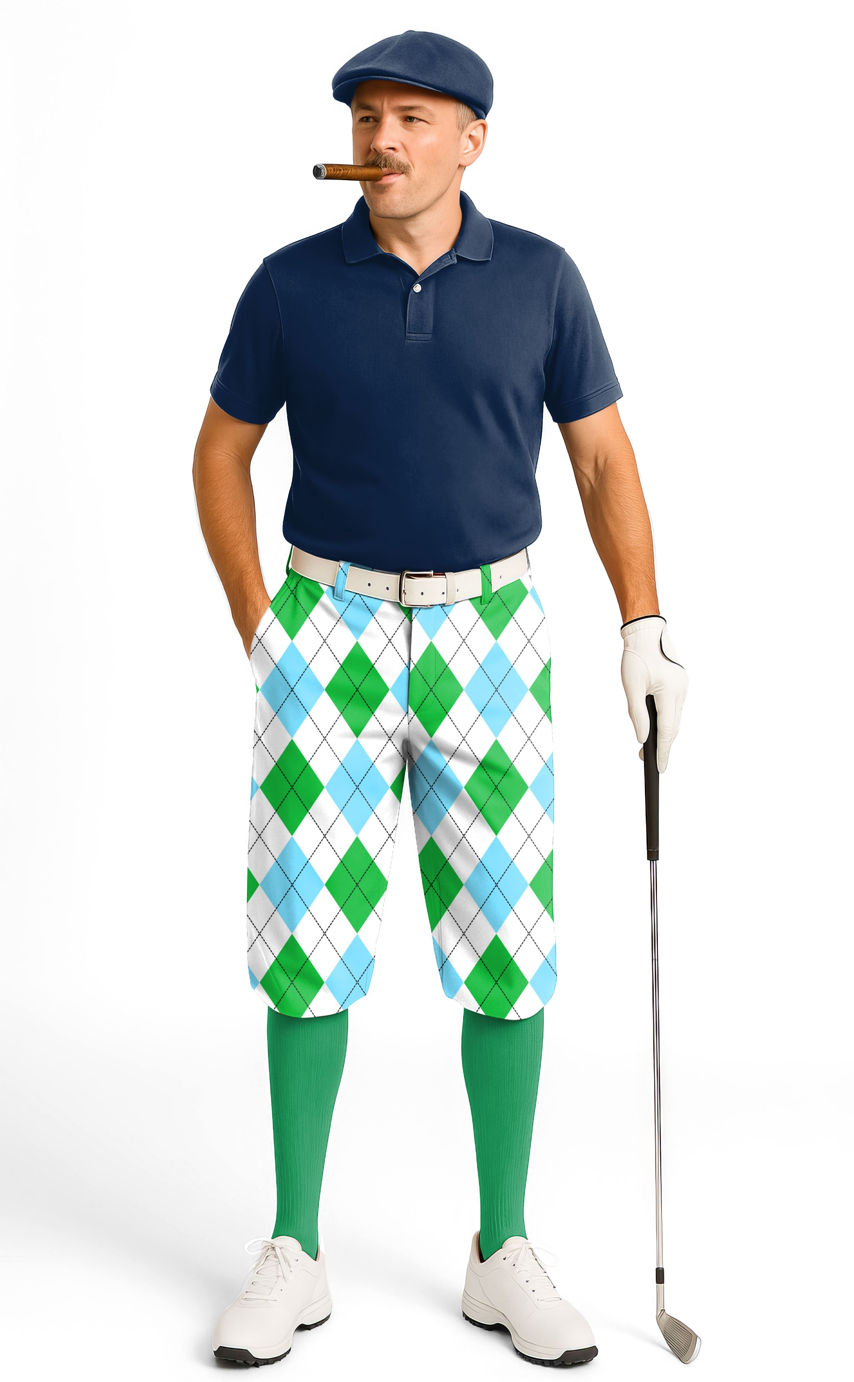 Man wearing green diamond grid men's golf knickers with ankle cuffs and navy polo shirt holding golf club