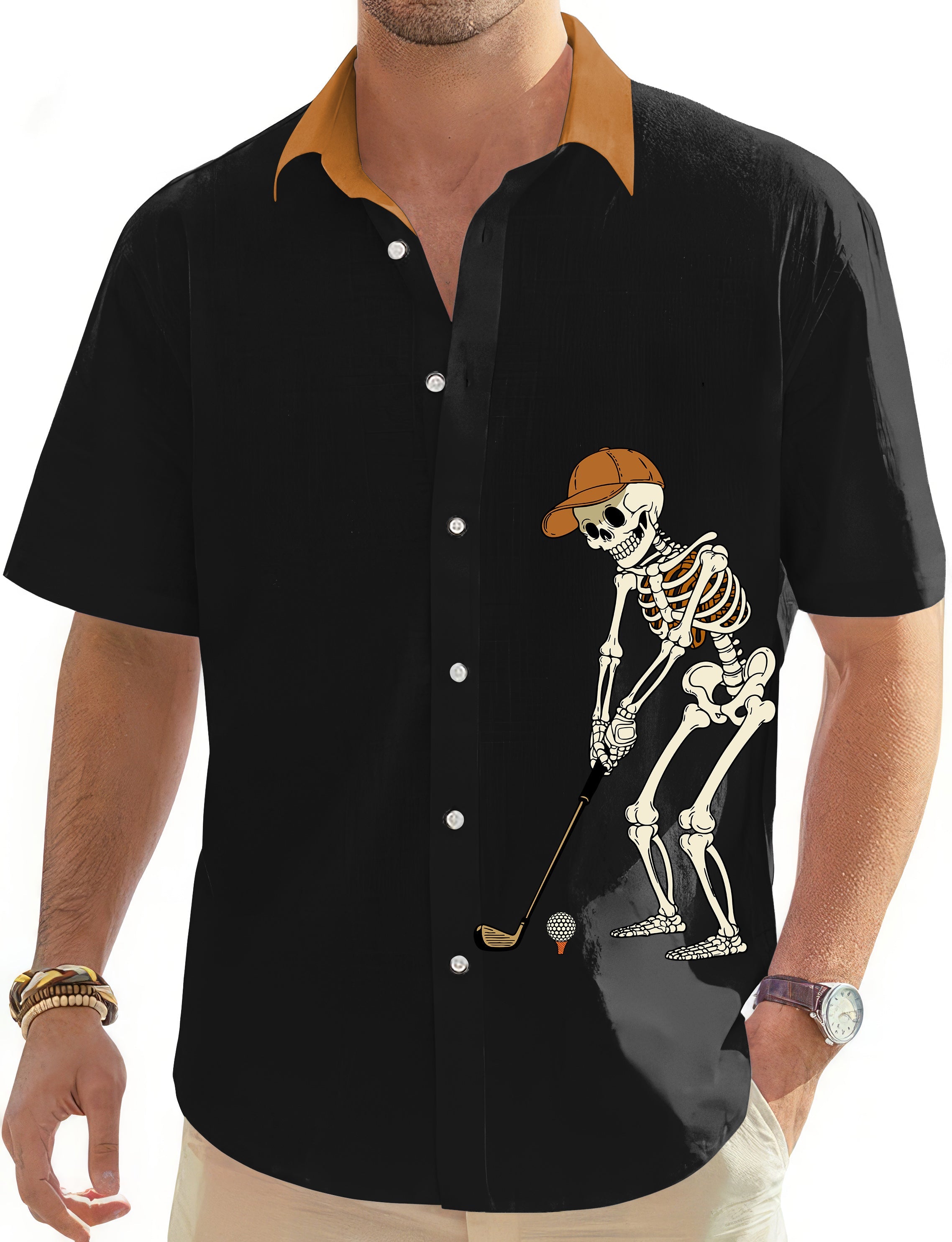 Men's black Halloween skeleton golf Hawaiian shirt with button down and pumpkin design