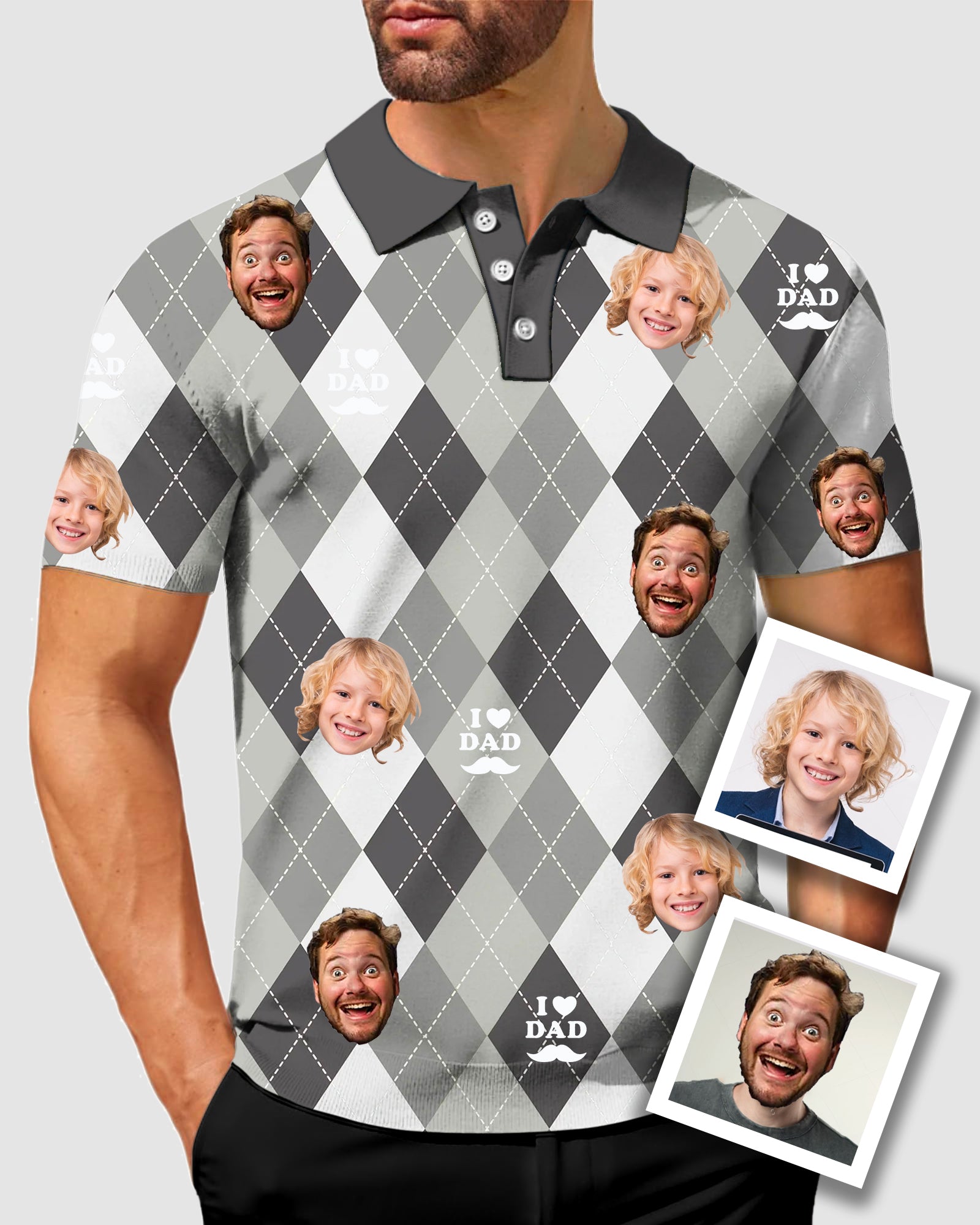 Men's To My Dad Custom Face Grey Argyle  Men's Golf Polo Father's Day Gift Polo