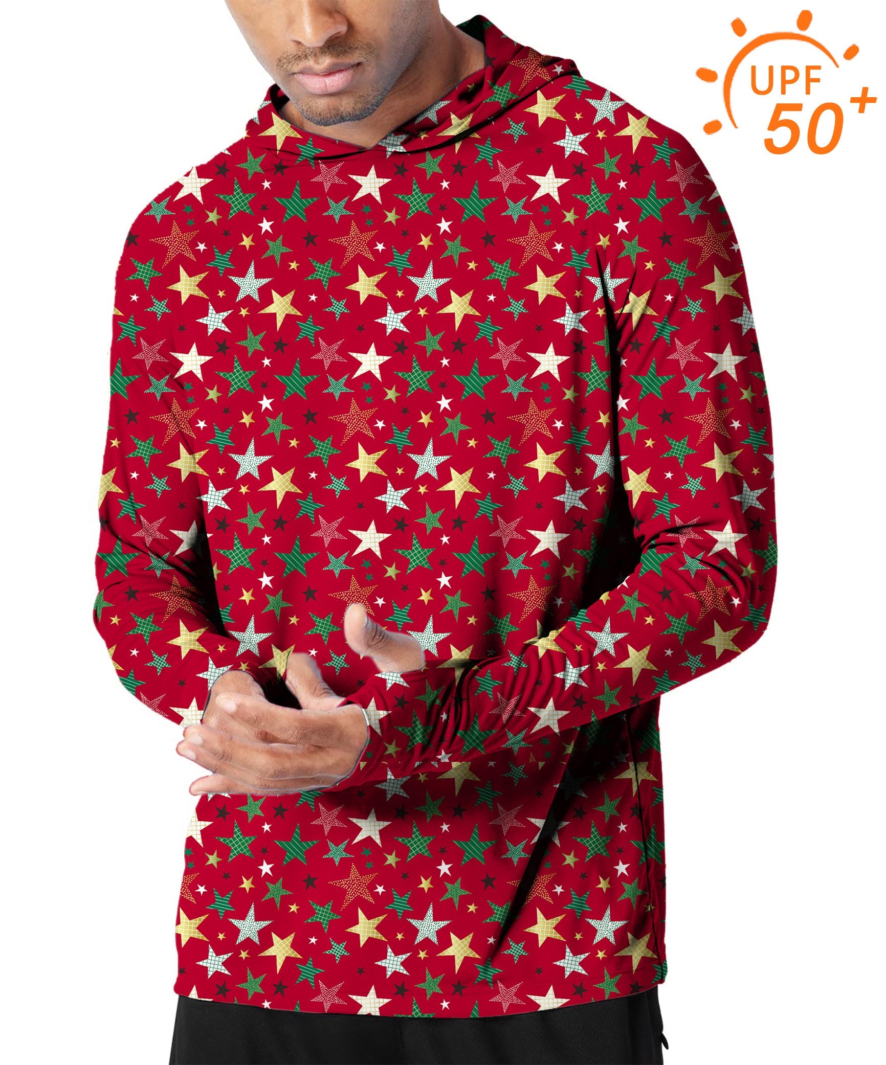 Men's outdoor slim fit hoodie with colorful star print and UPF 50+ sun protection