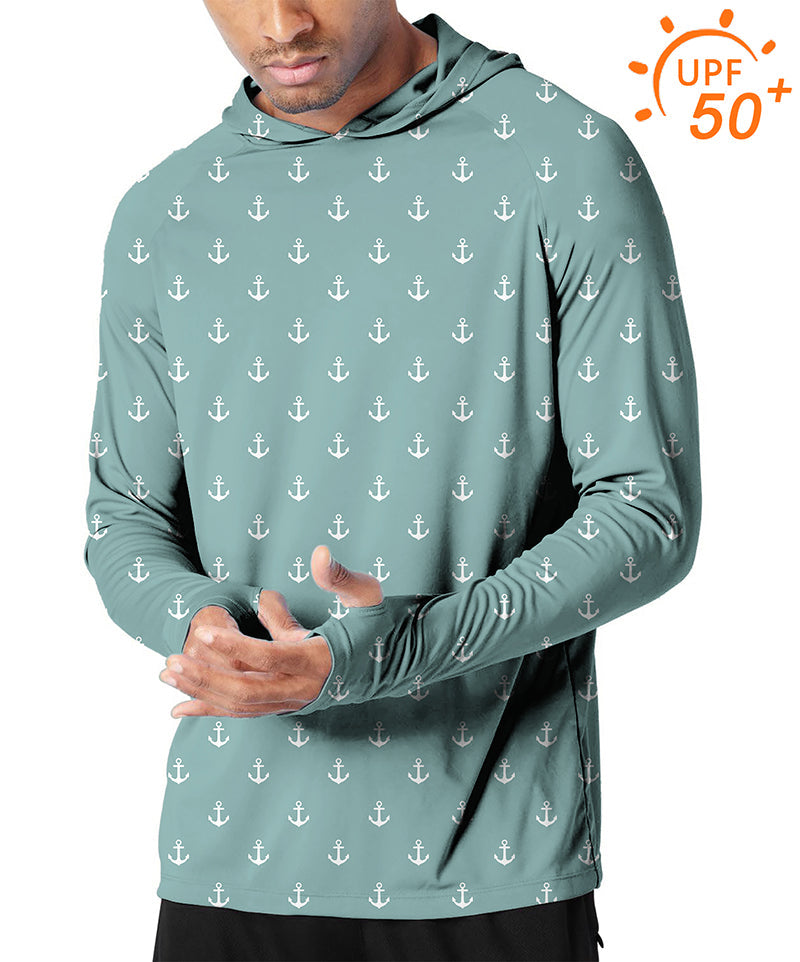 Men's outdoor green-blue anchor print slim fit hoodie with UPF 50+ sun protection