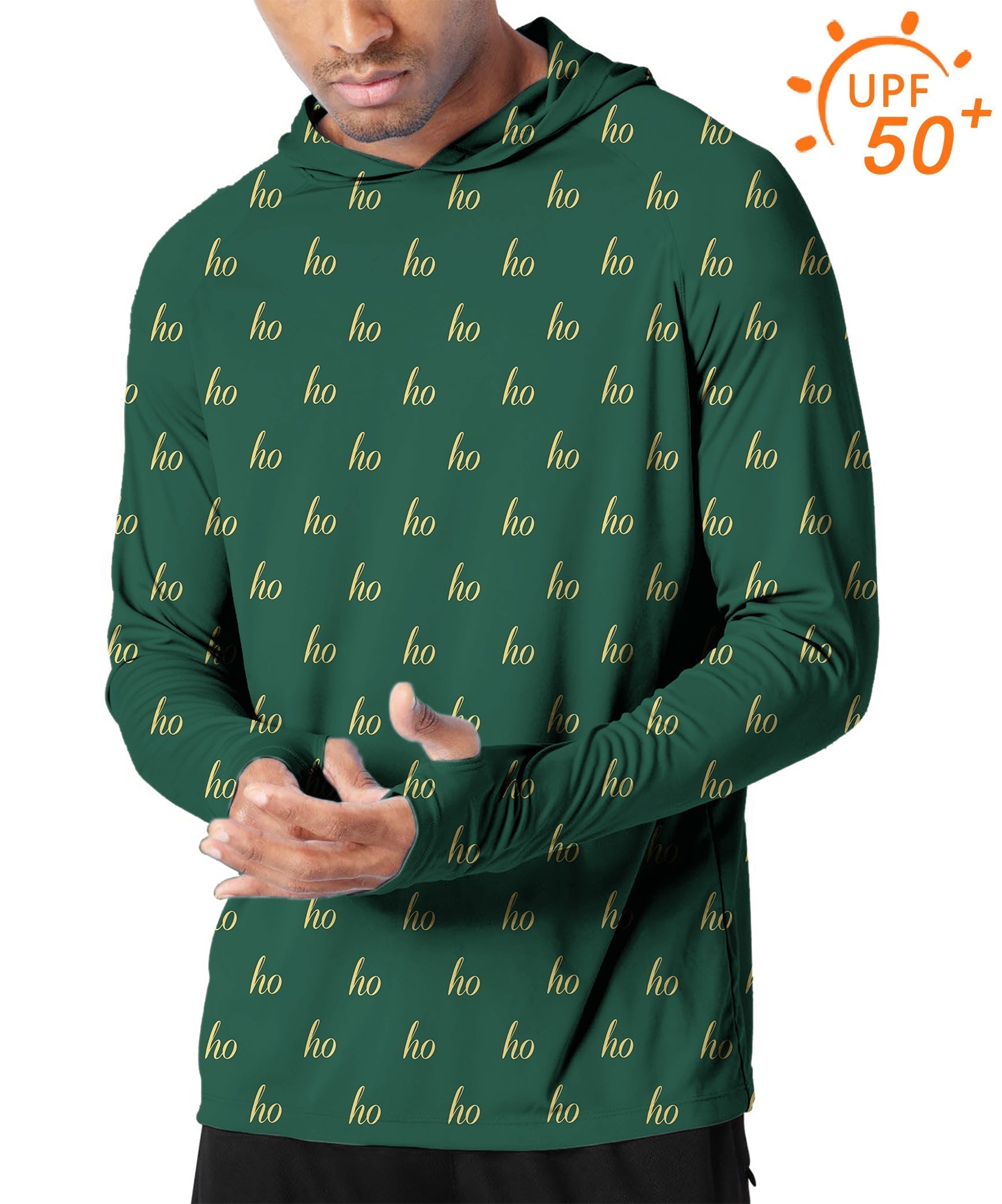 Men's outdoor dark green slim fit hoodie with custom name, UPF 50+ sun protection, breathable fabric, and thumb holes for outdoor activities