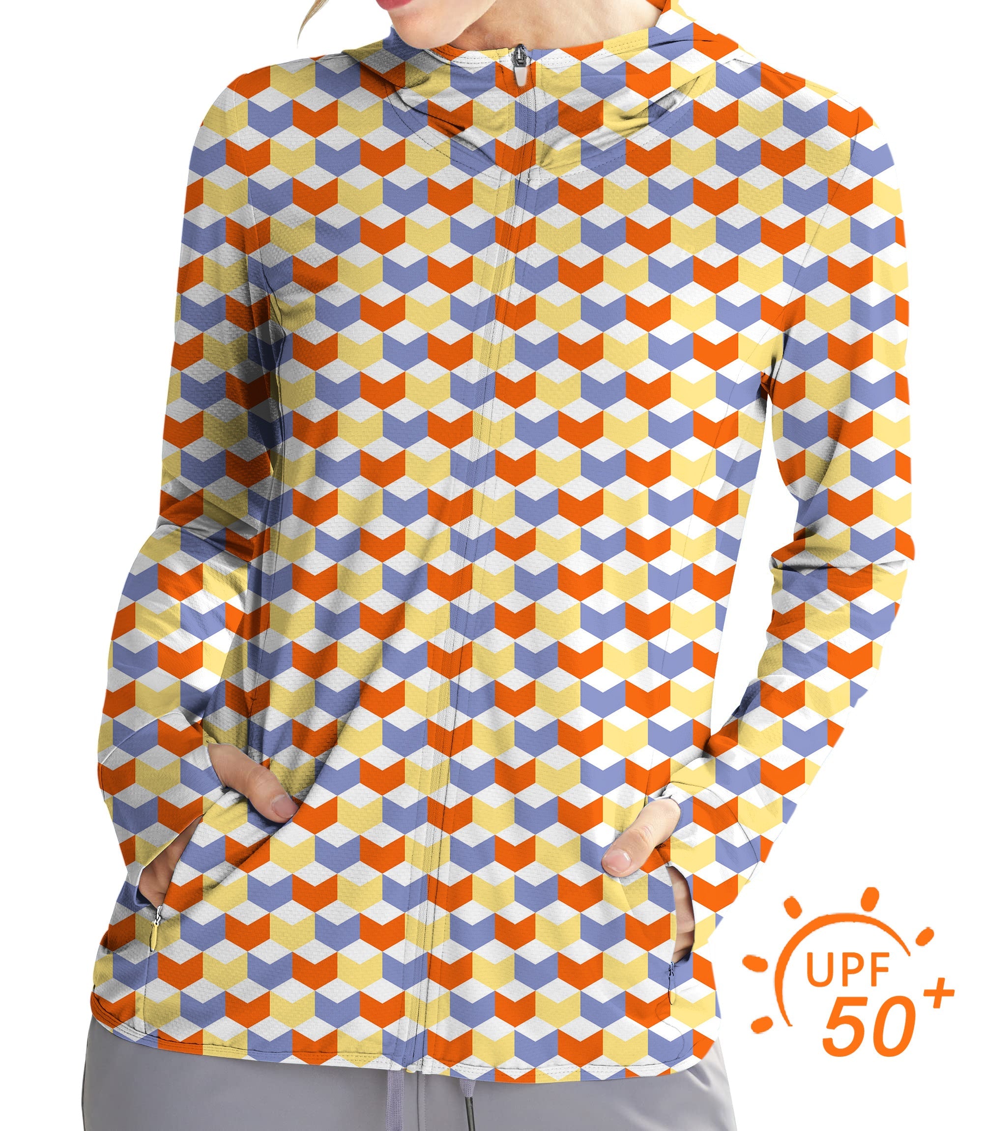 Women's outdoor slim fit zip hoodie with colorful 3D square box pattern and UPF 50+ sun protection