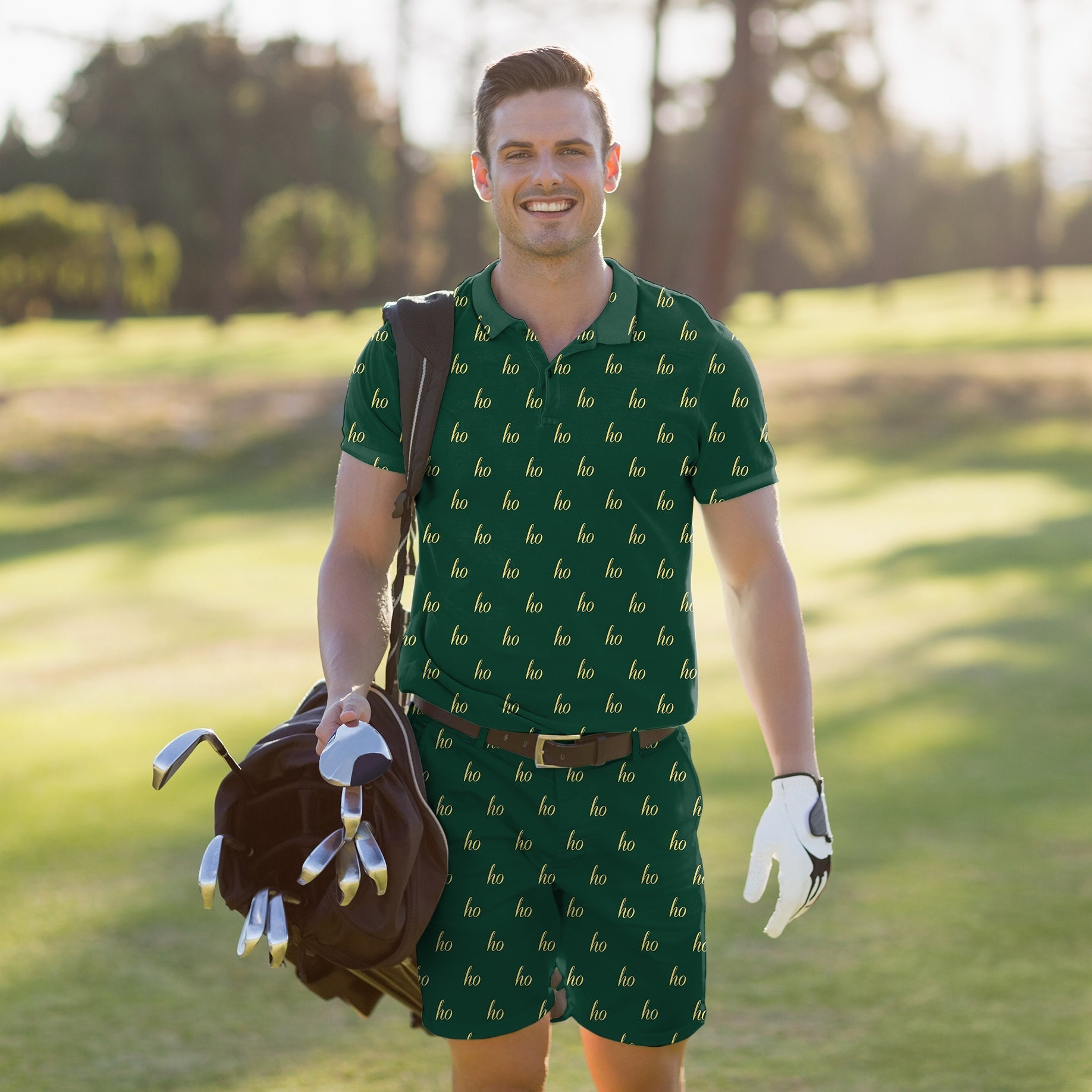 Men's Golf Set dark green polo and shorts with custom name, four-way stretch, moisture-wicking fabric, UPF 40+, wrinkle resistant, classic fit for golf and business casual.