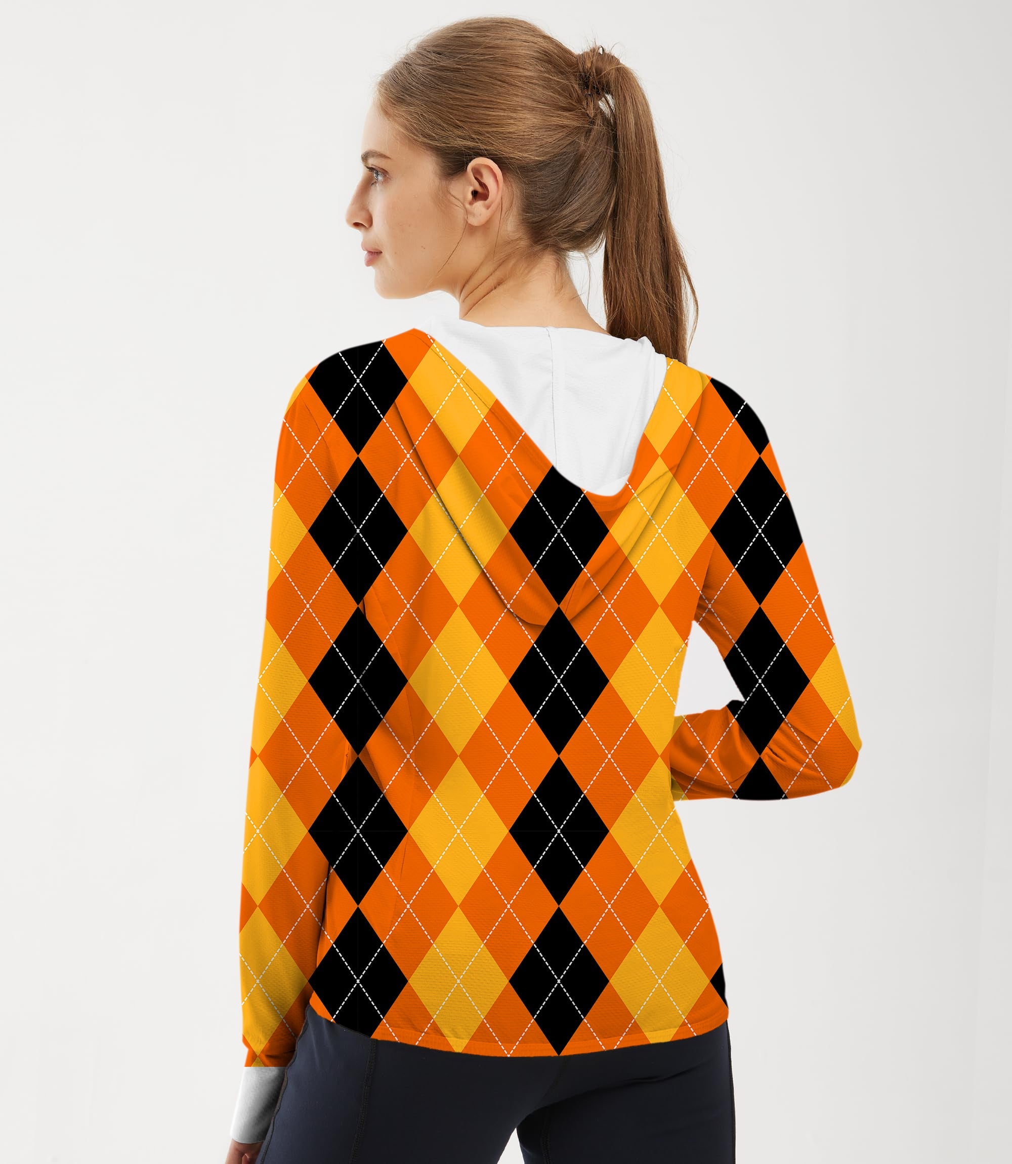 Women's outdoor Halloween argyle golf hoodie in black, yellow, and orange with sun protection and slim fit design