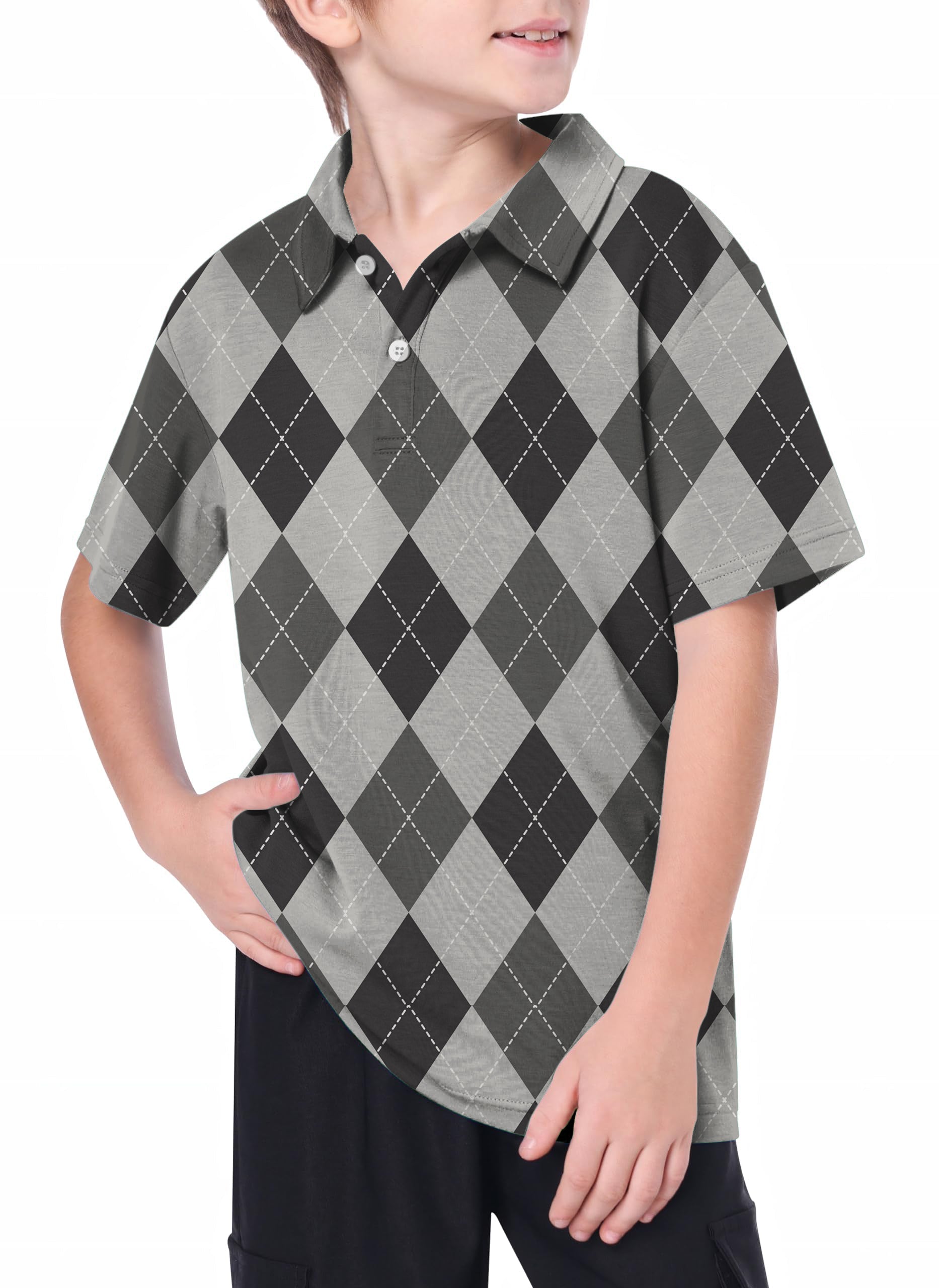 Youth grey argyle golf polo shirt with 4-way stretch for youth women's outdoor activities
