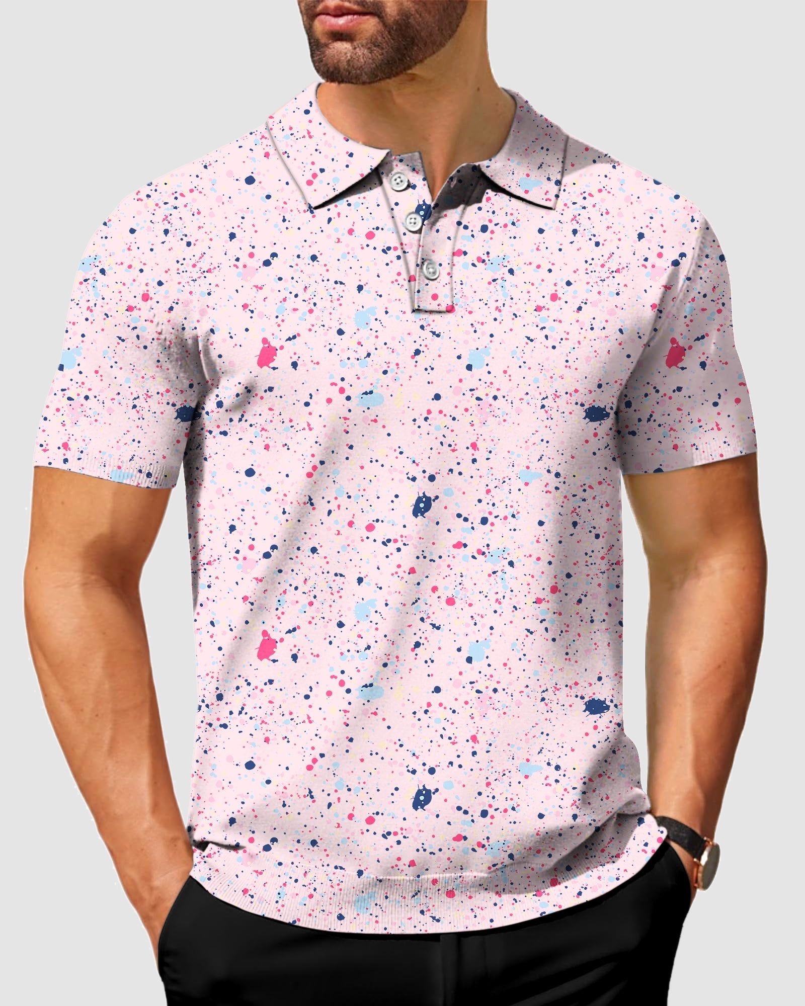 Men's Black Pink Ink Dots Polo with customizable monograms, four-way stretch, moisture-wicking fabric, wrinkle resistant, UPF 40+, stay right collar, classic fit, business casual style