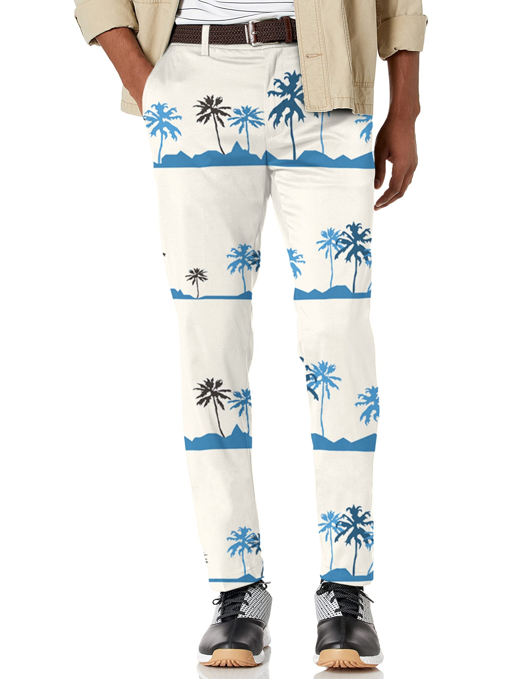 Men's palm tree stretch golf pants with moisture-wicking, wrinkle-resistant fabric and active waistband
