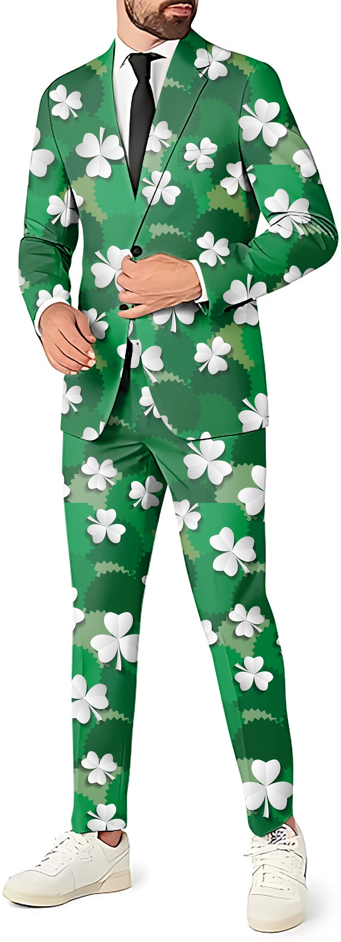 Men's slim fit green blazer, pants, and vest suit with white leaf clover pattern for St. Patrick's Day party