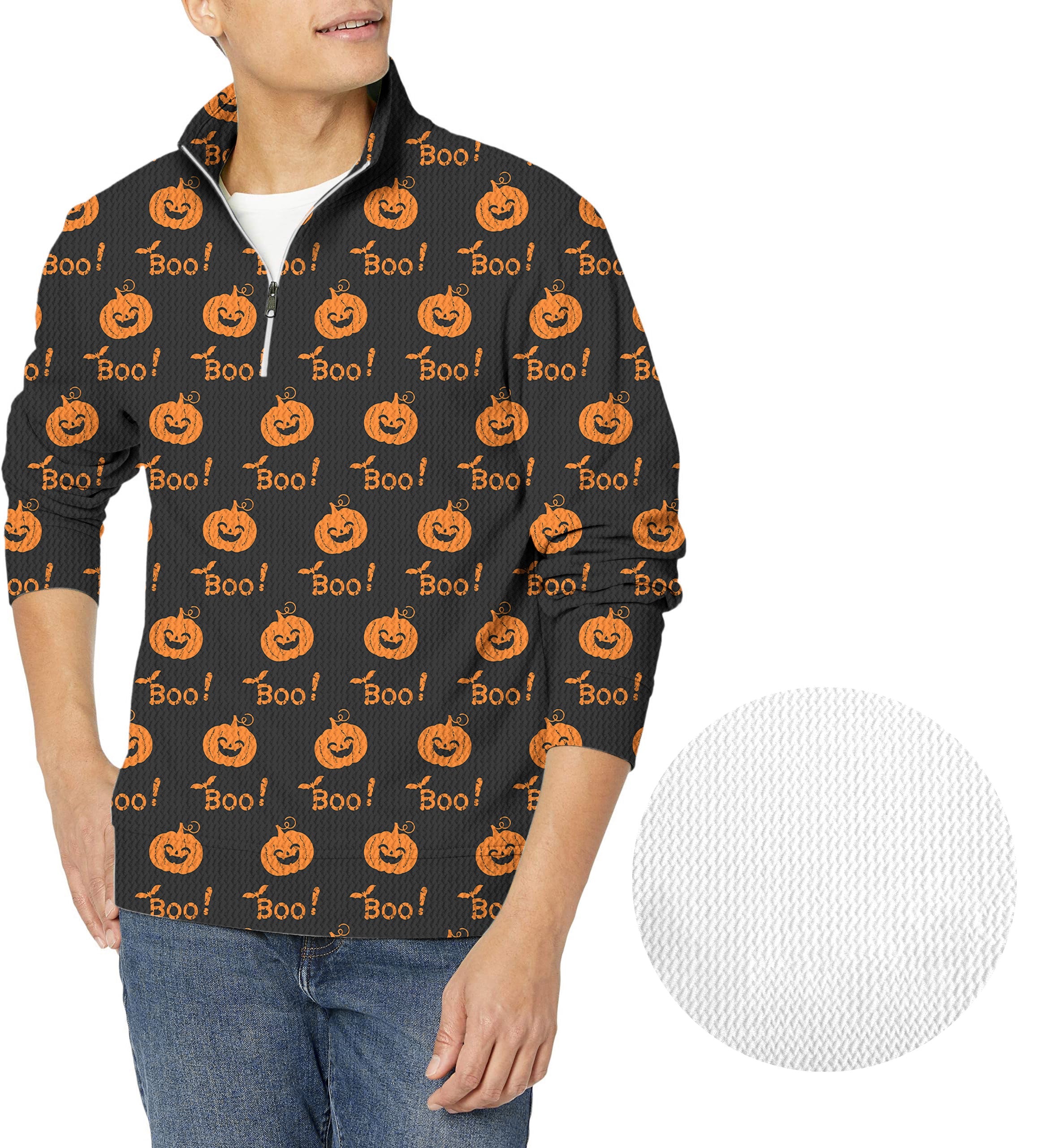 Men's Halloween Boo Pumpkin golf waffle zipper pullover with jack-o'-lantern print