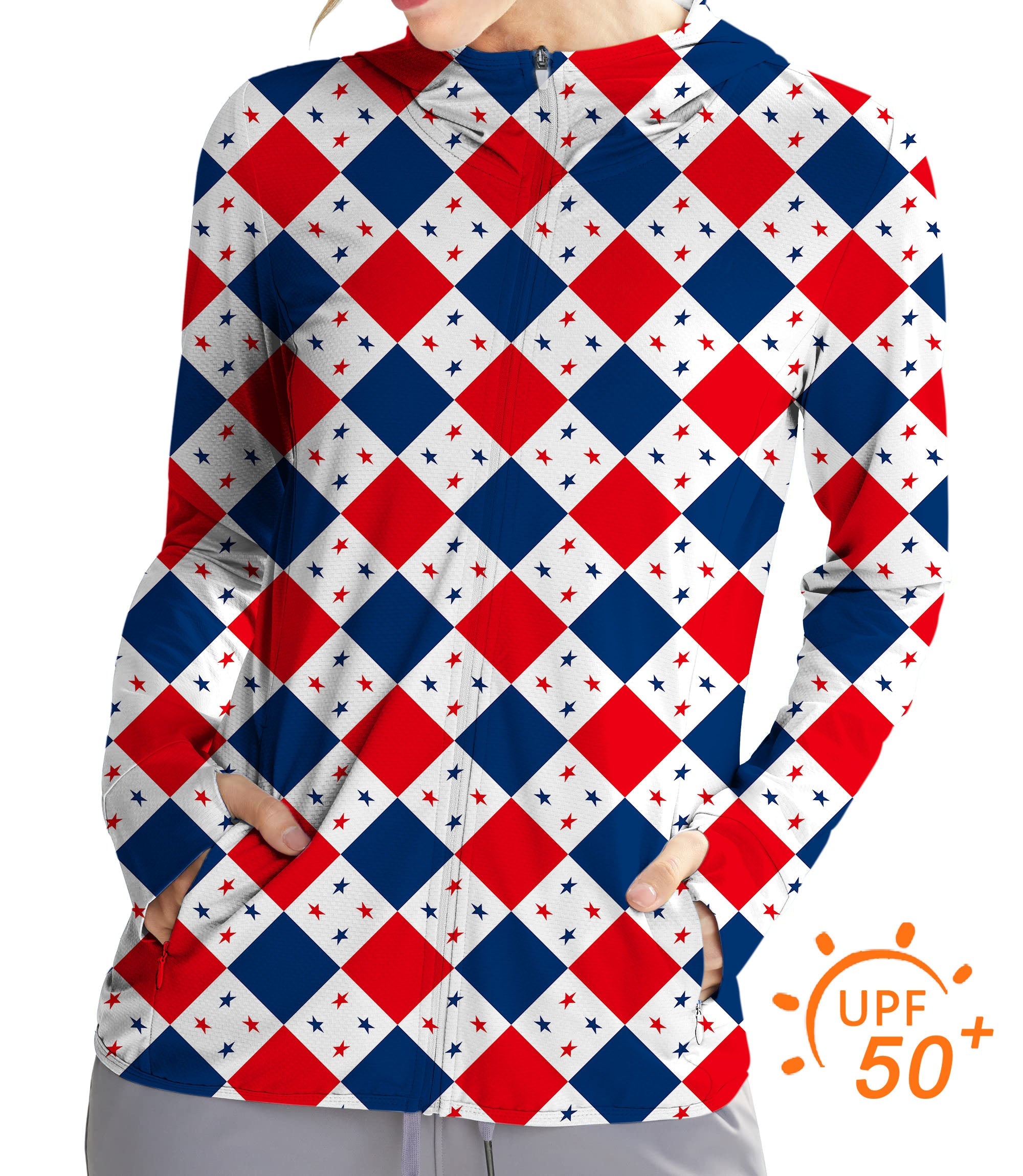 Women's outdoor argyle pattern golf sun protection slim fit zip hoodie with UPF 50+ UV protection