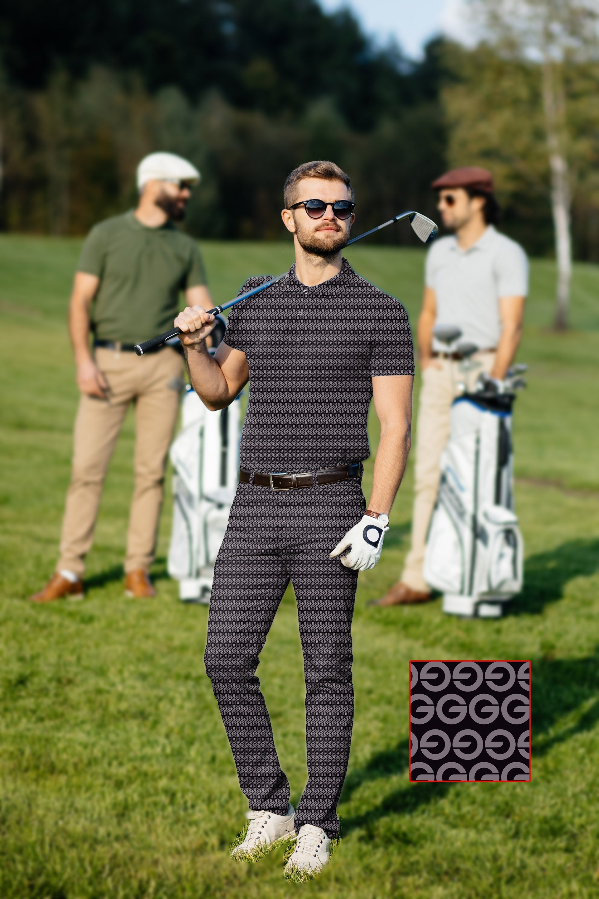 Men's golf set with brown polo and pants featuring four-way stretch, moisture-wicking fabric, UPF 40+ protection, and wrinkle resistance