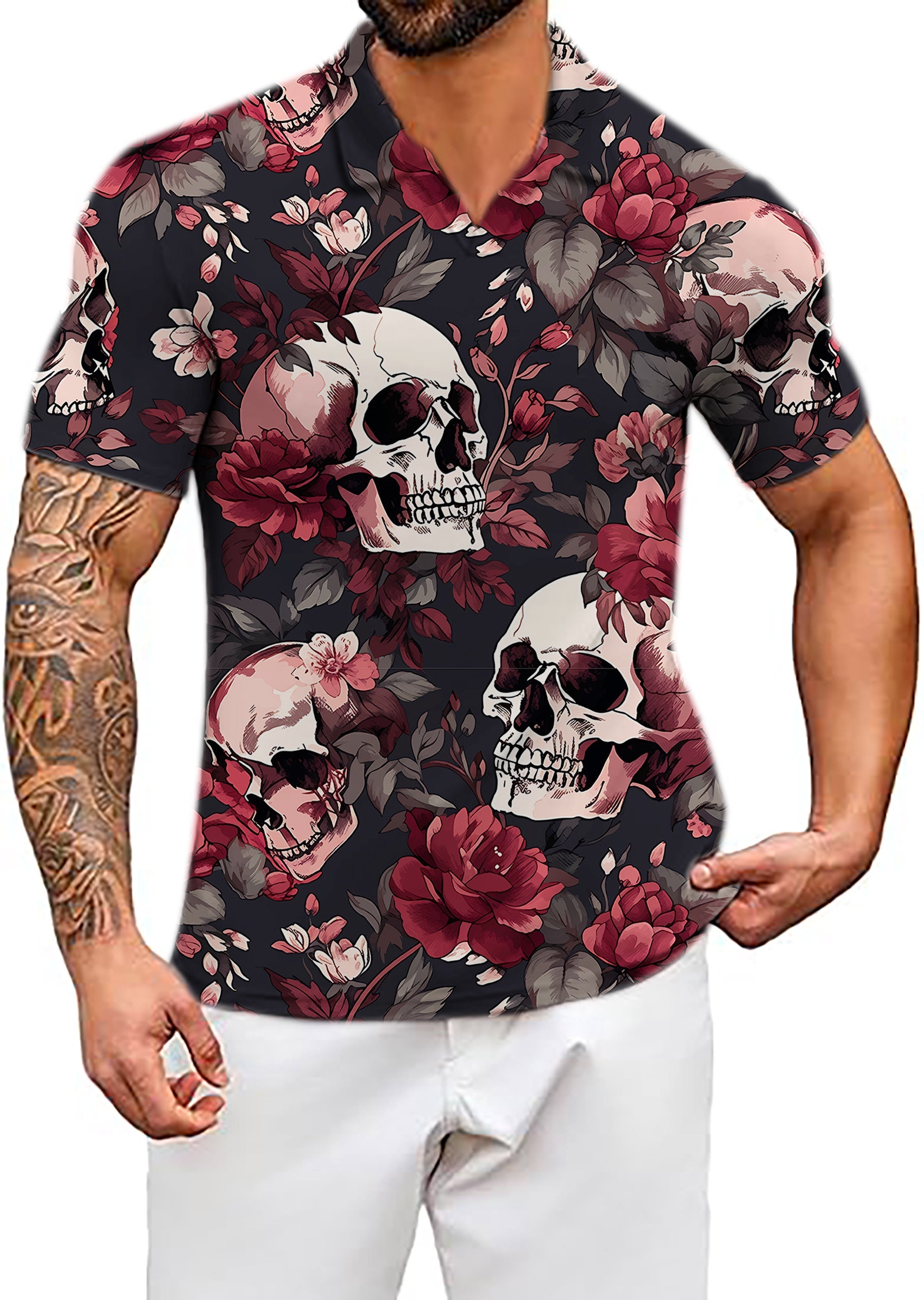 Men's Coconut Palm Halloween floral skull V neck golf polo shirt with skull and floral design in dark colors