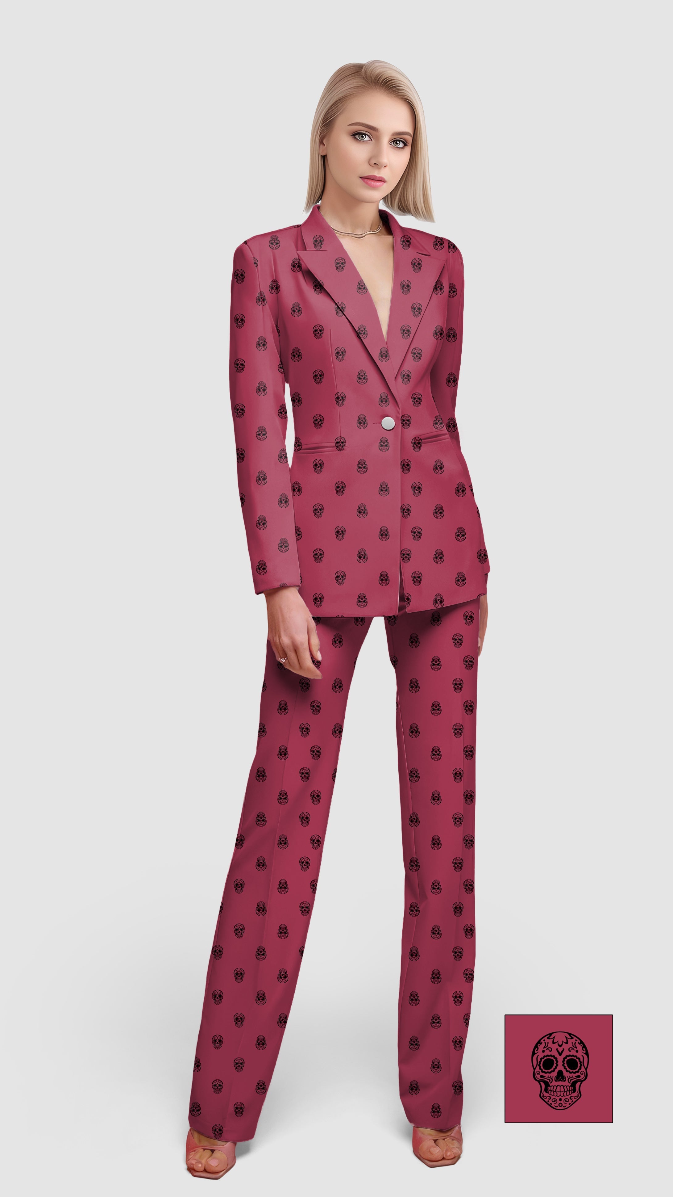 Women's casual blazer suit set with skull pattern in maroon, featuring lapel collar, single button, and flap pockets.