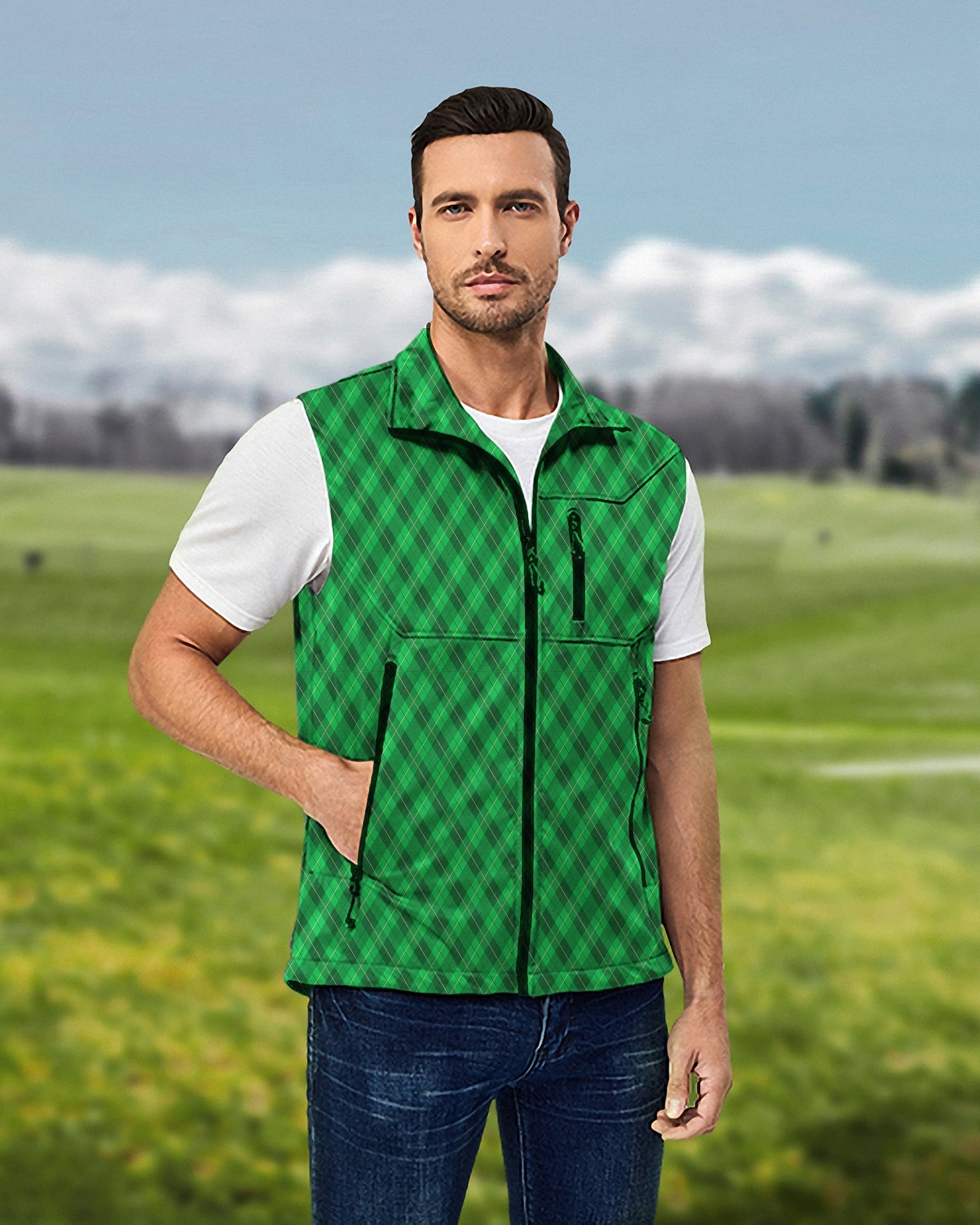 Men's St. Patrick's Day lightweight softshell vest sleeveless jacket for golf, windproof and waterproof