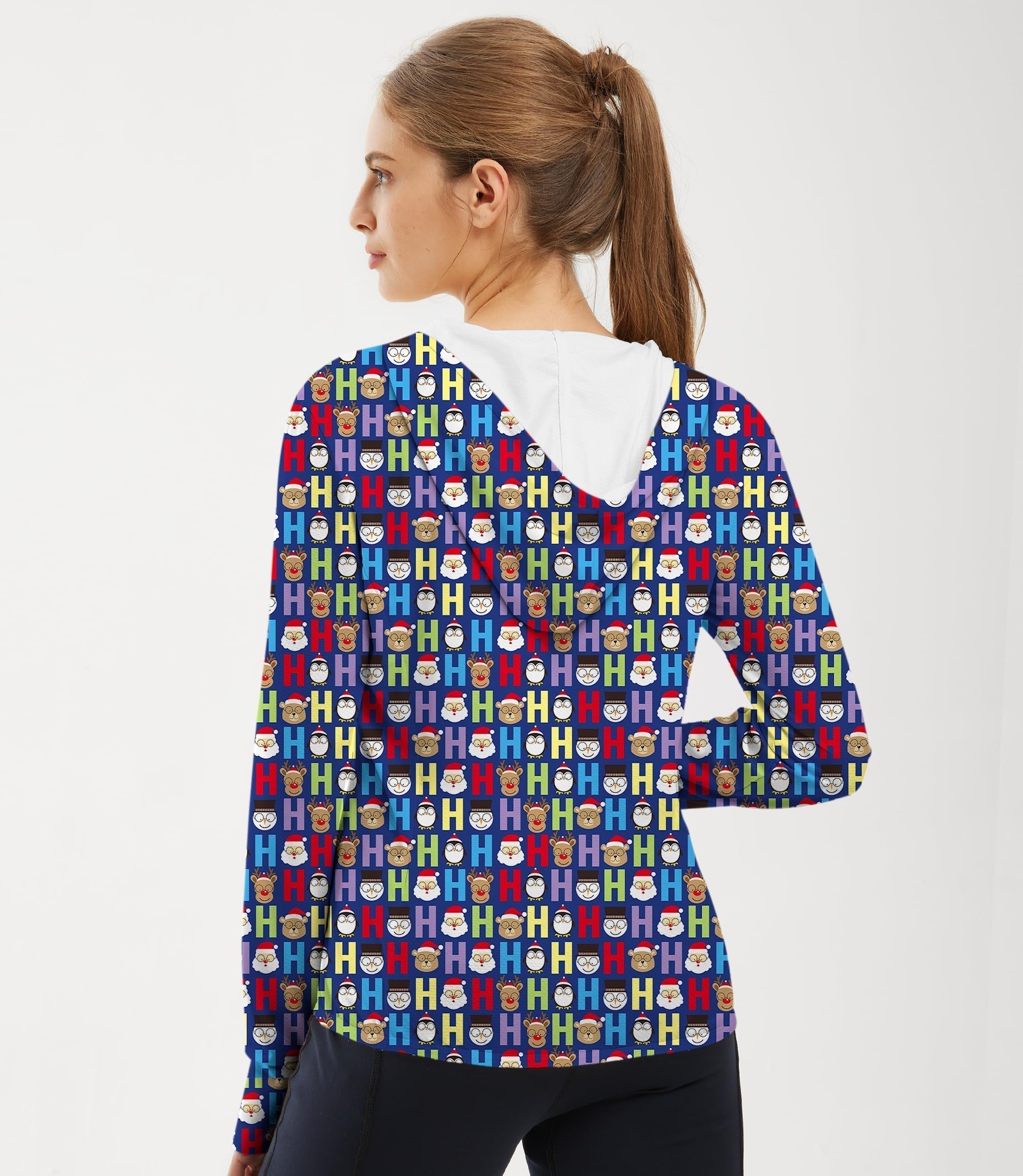 Women's outdoor slim fit zip hoodie with cartoon H elk Christmas pattern and sun protection fabric