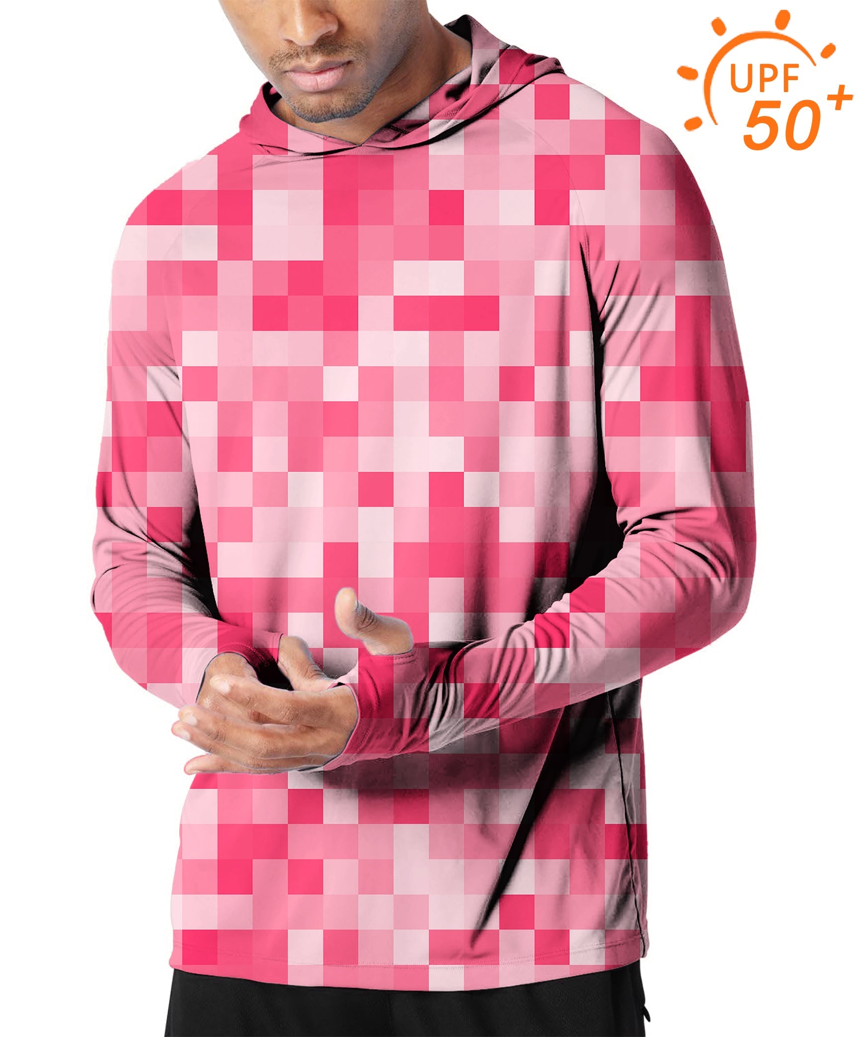 Men's outdoor light red pixel big golf sun protection slim fit hoodie with UPF 50+ protection