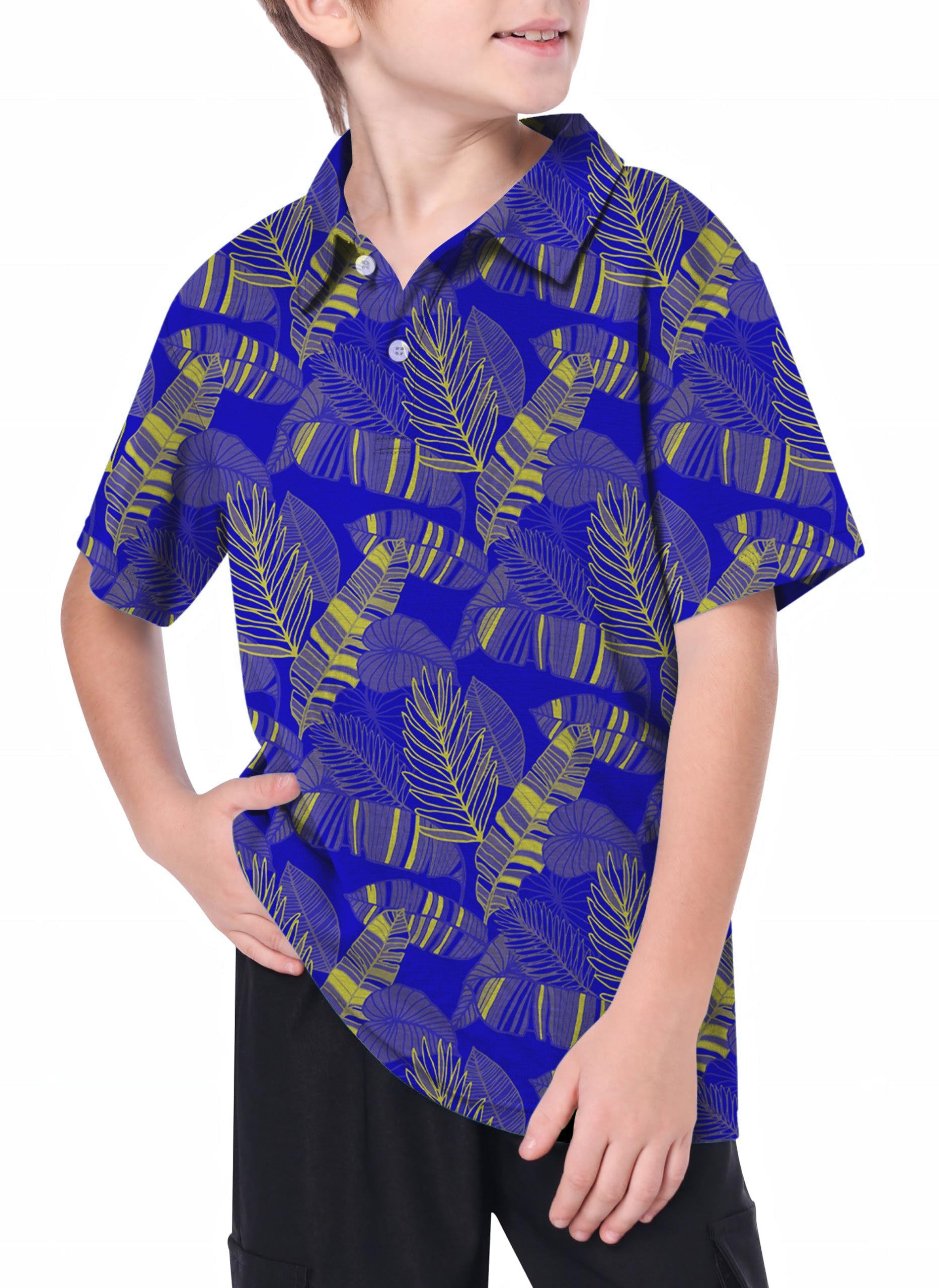youth palms yellow golf polo with blue base and yellow palm leaf pattern on child model