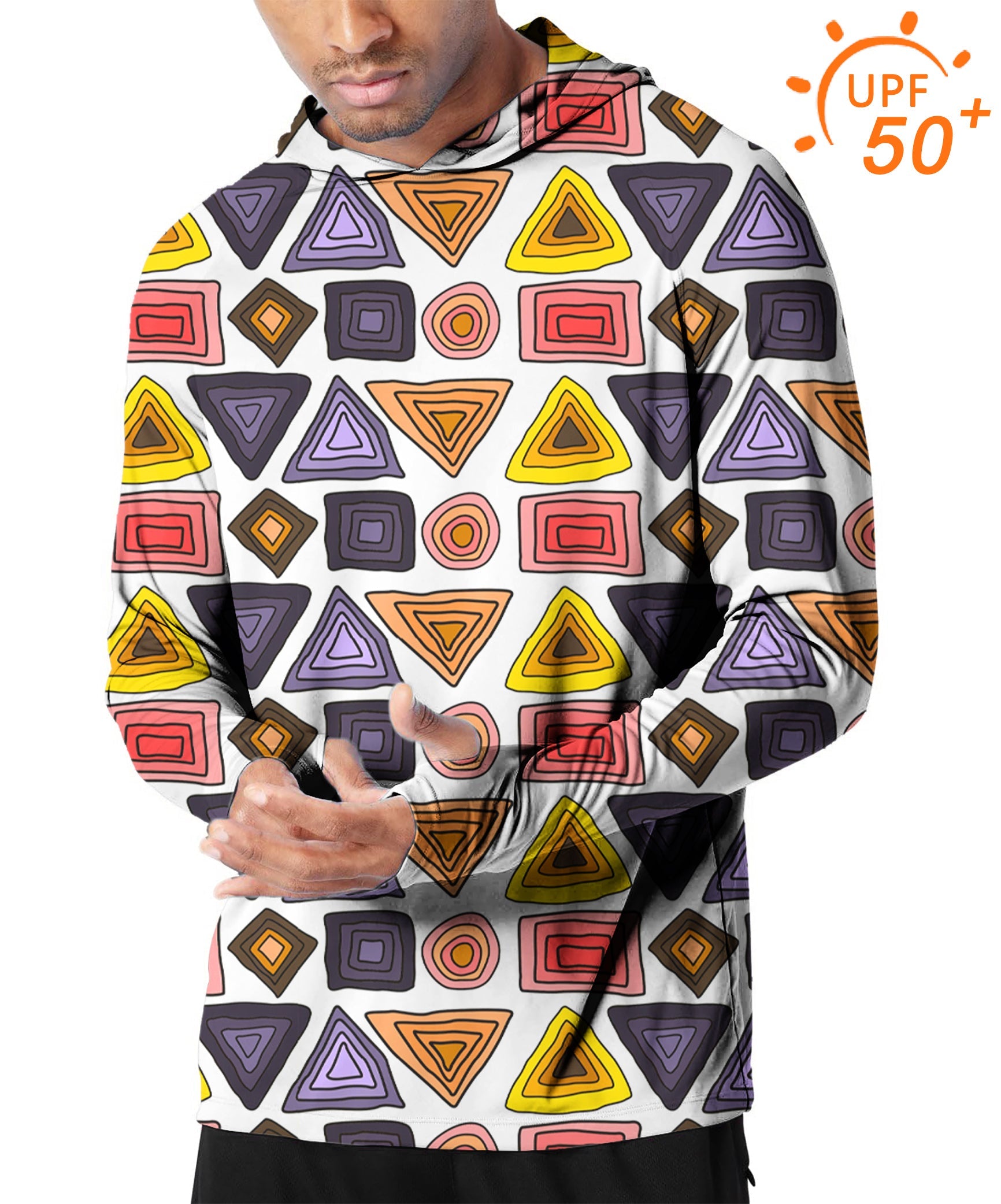 Men's outdoor slim fit hoodie with colorful tribal triangle print and UPF 50+ sun protection