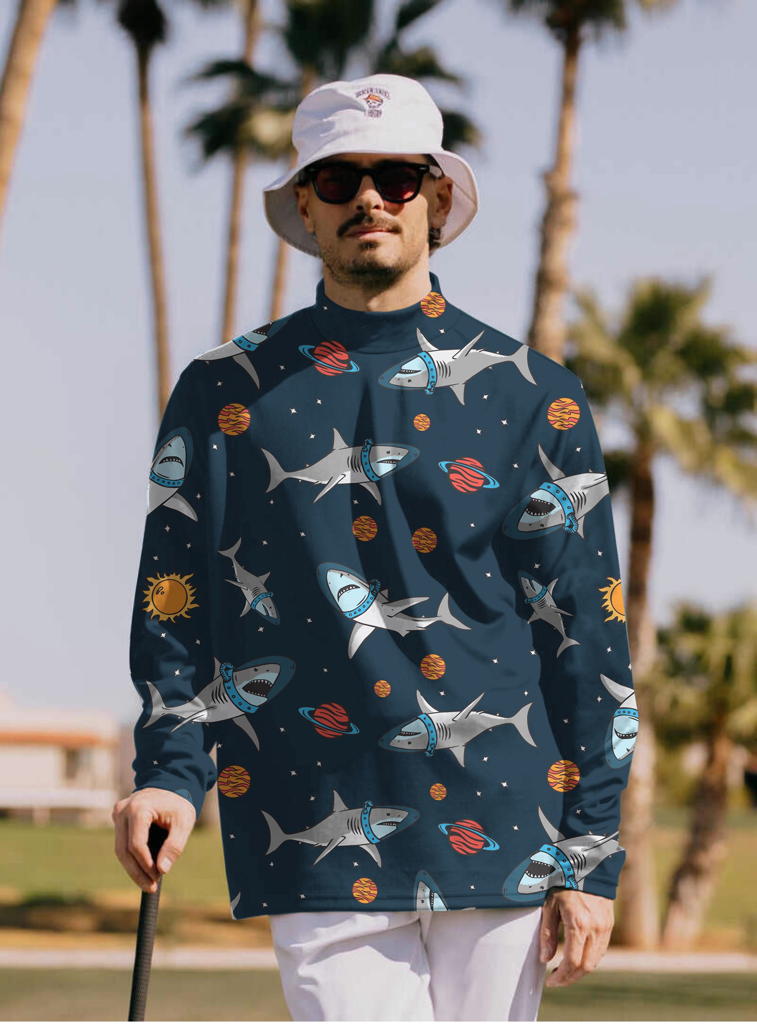 Men's Sharks in Space Pullover High neck Long/Short sleeve T-Shirt
