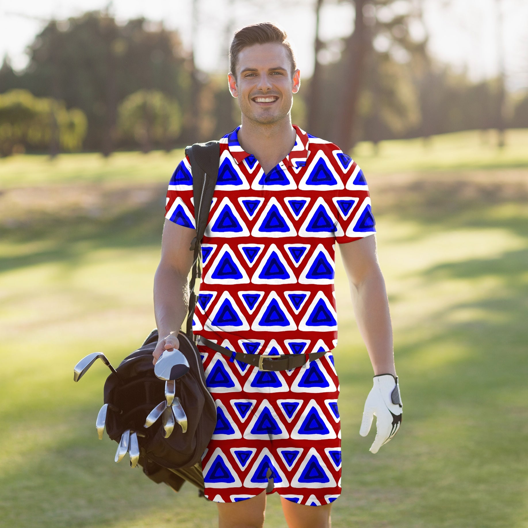 Men's golf set with triangle tribal patterned polo and shorts, moisture-wicking, four-way stretch, wrinkle-resistant, UPF 40+ protection.