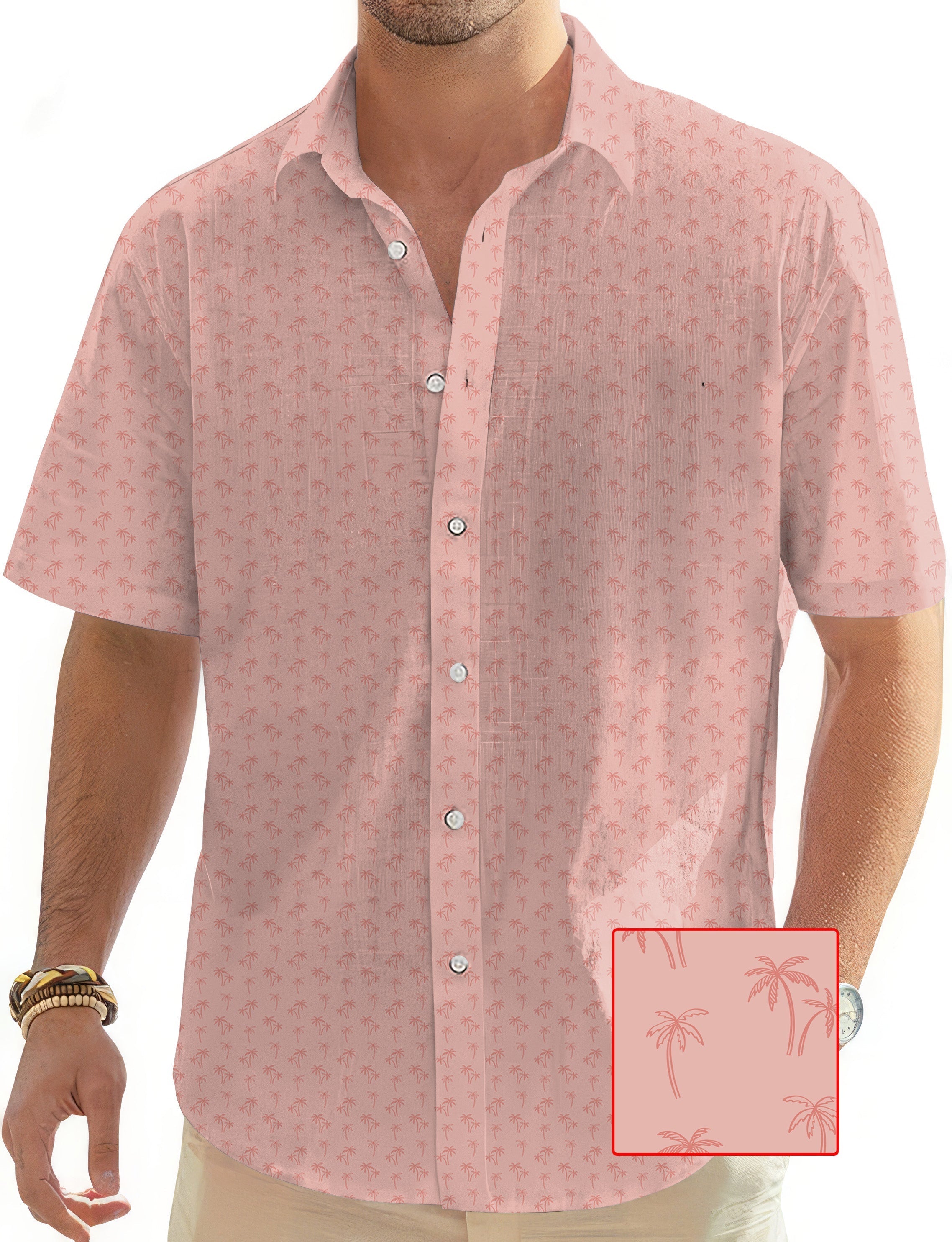Pink coconut trees men's short sleeve Hawaiian button down shirt with classic collar and subtle palm print design