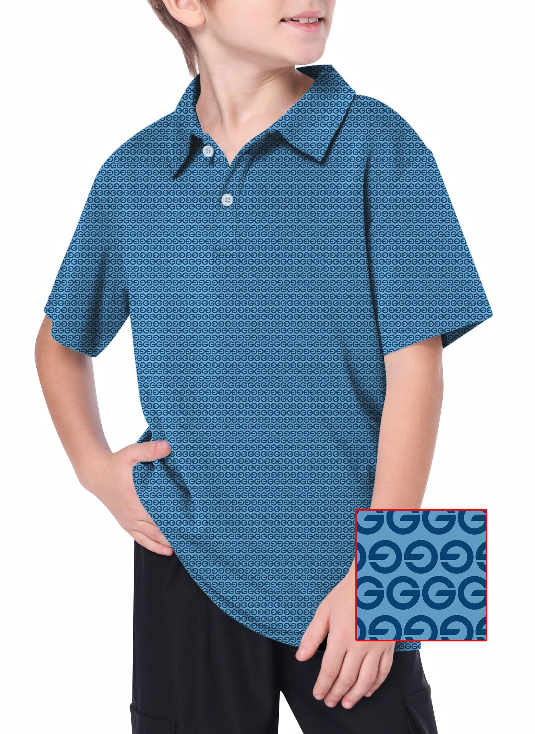Youth boy wearing blue G logo golf polo with 4-way stretch and moisture-wicking fabric