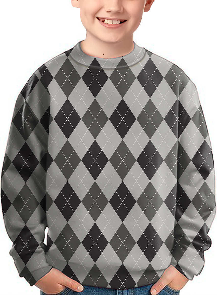 grey Argyle crewneck pullover kids ugly sweater with diamond pattern