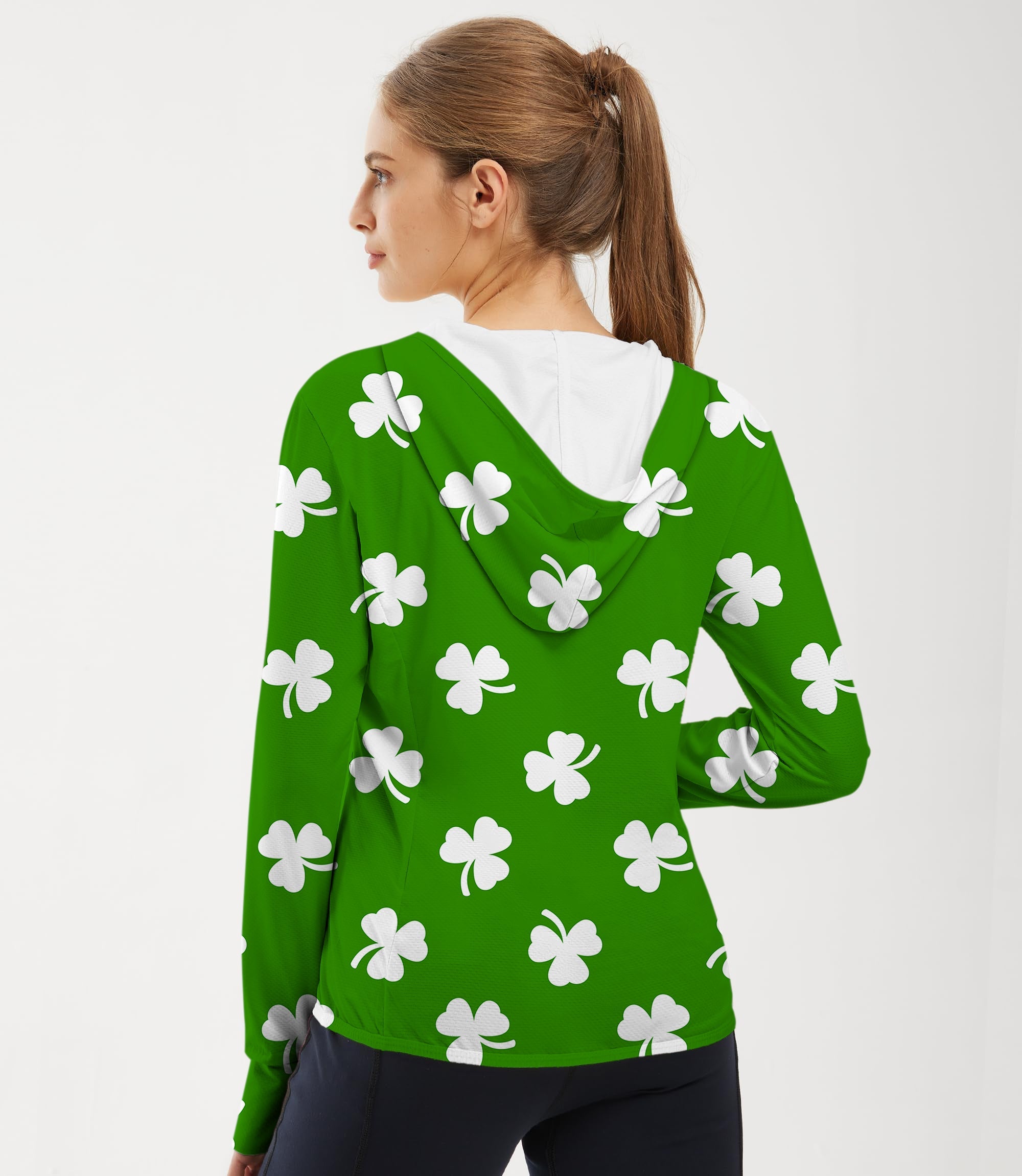 Women's outdoor leaf clover St. Patrick's Day green slim fit zip hoodie with sun protection