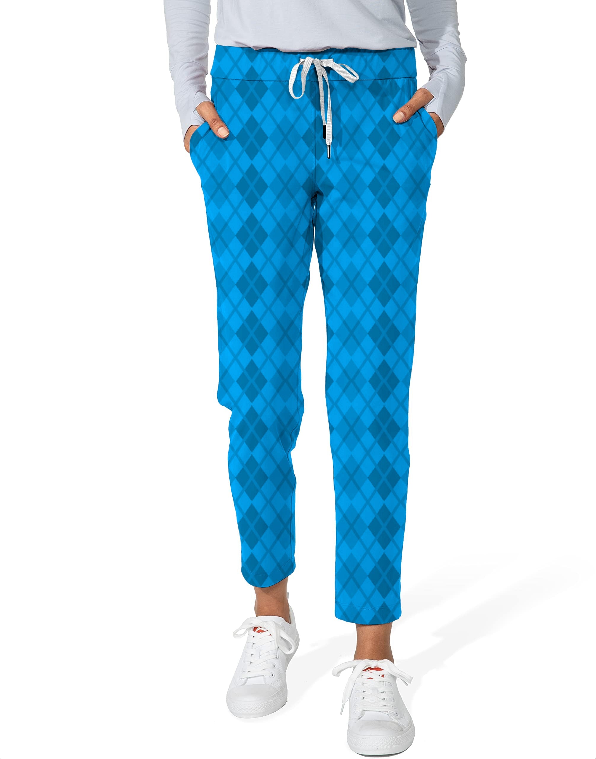 Women's Argyle Blue grid 7/8 stretch ankle golf pants with drawstring waistband and pockets
