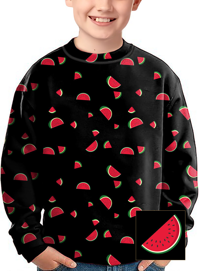 Kids watermelon custom black crewneck pullover with watermelon slice pattern