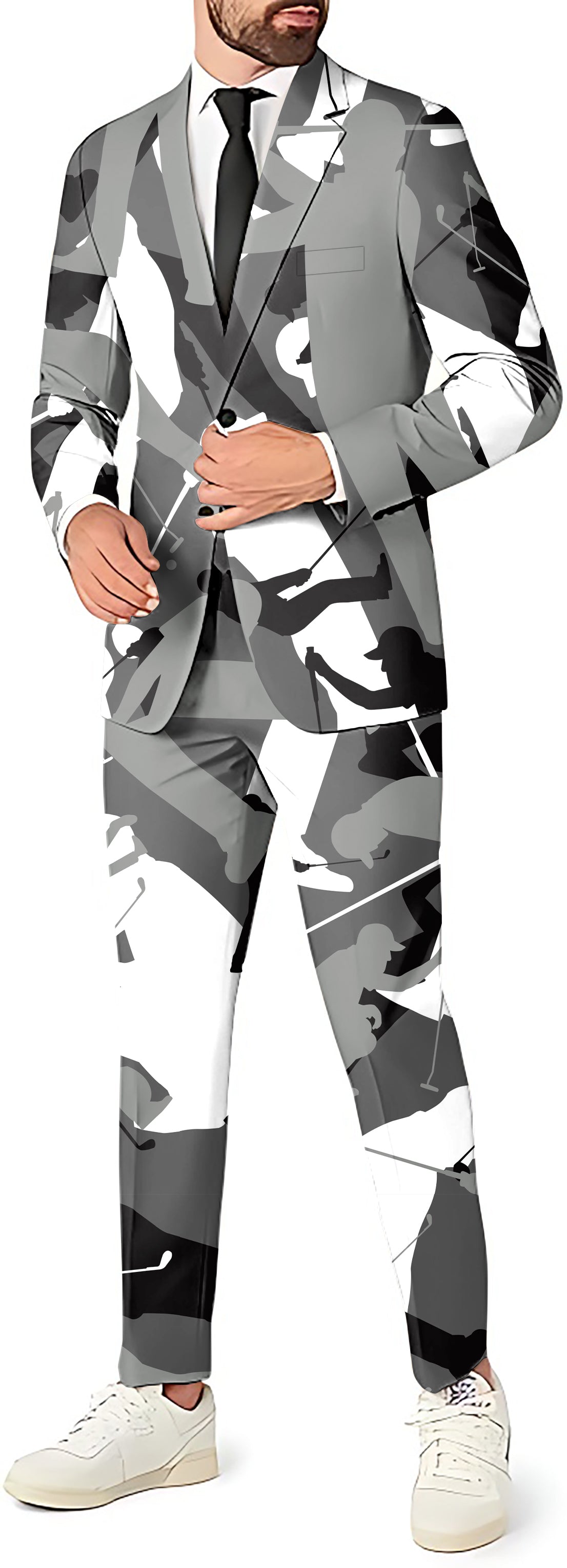 Black and white golf men's party costume suit with blazer, pants, and vest in camouflage pattern