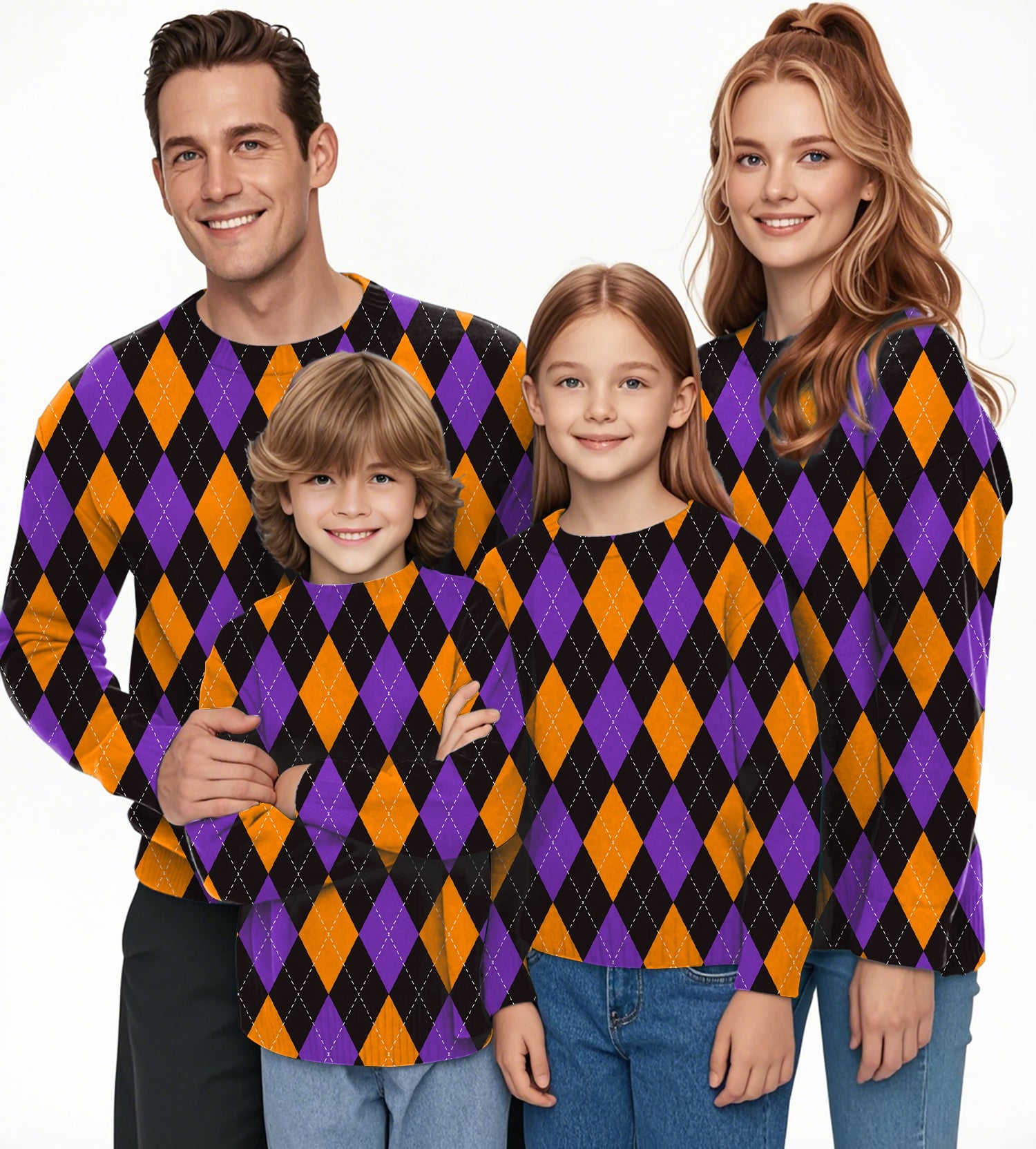 Family wearing orange purple and black argyle crewneck pullover ugly sweaters