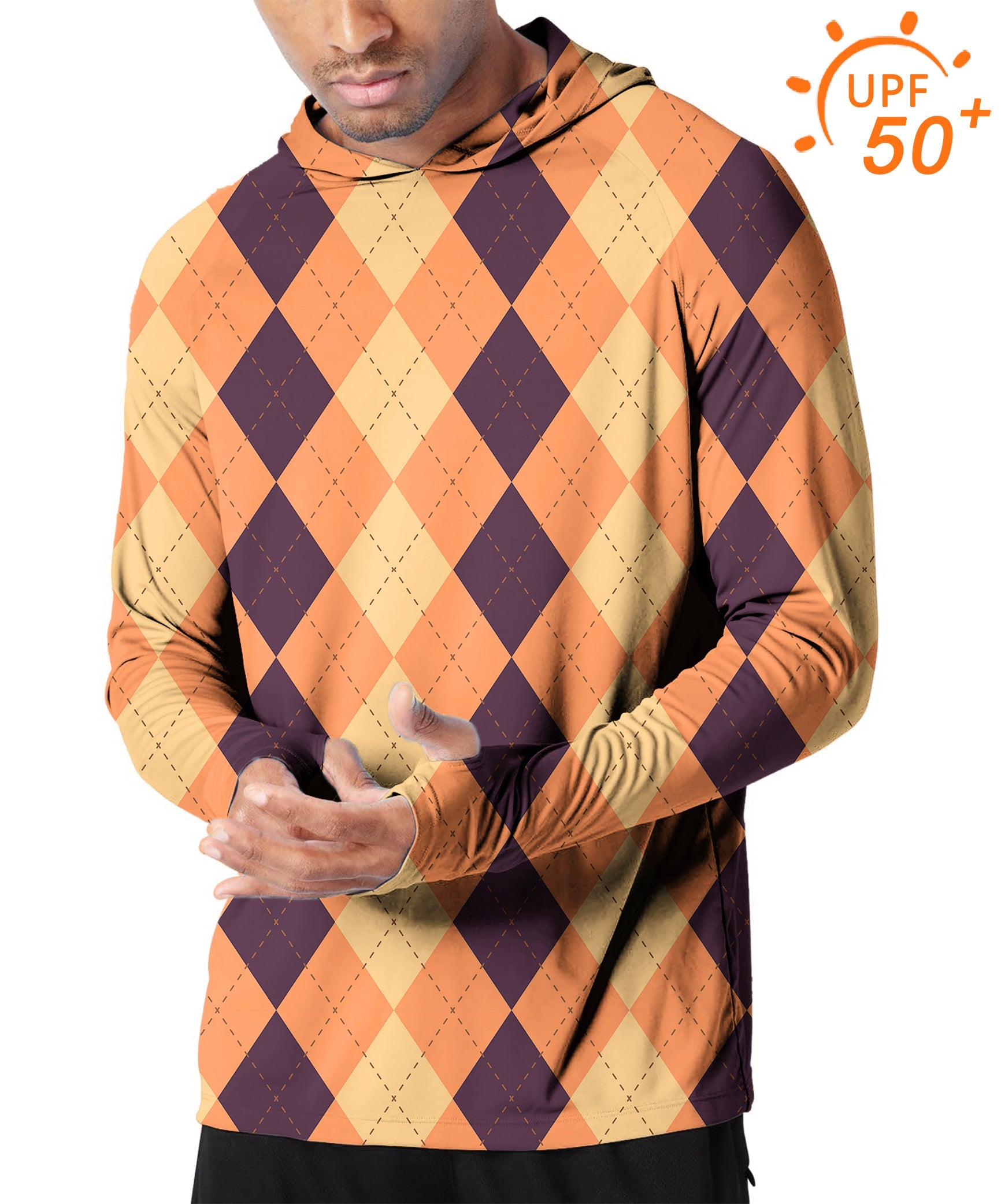 Men's outdoor Halloween black light yellow orange argyle golf sun protection slim fit hoodie with UPF 50+ UV protection