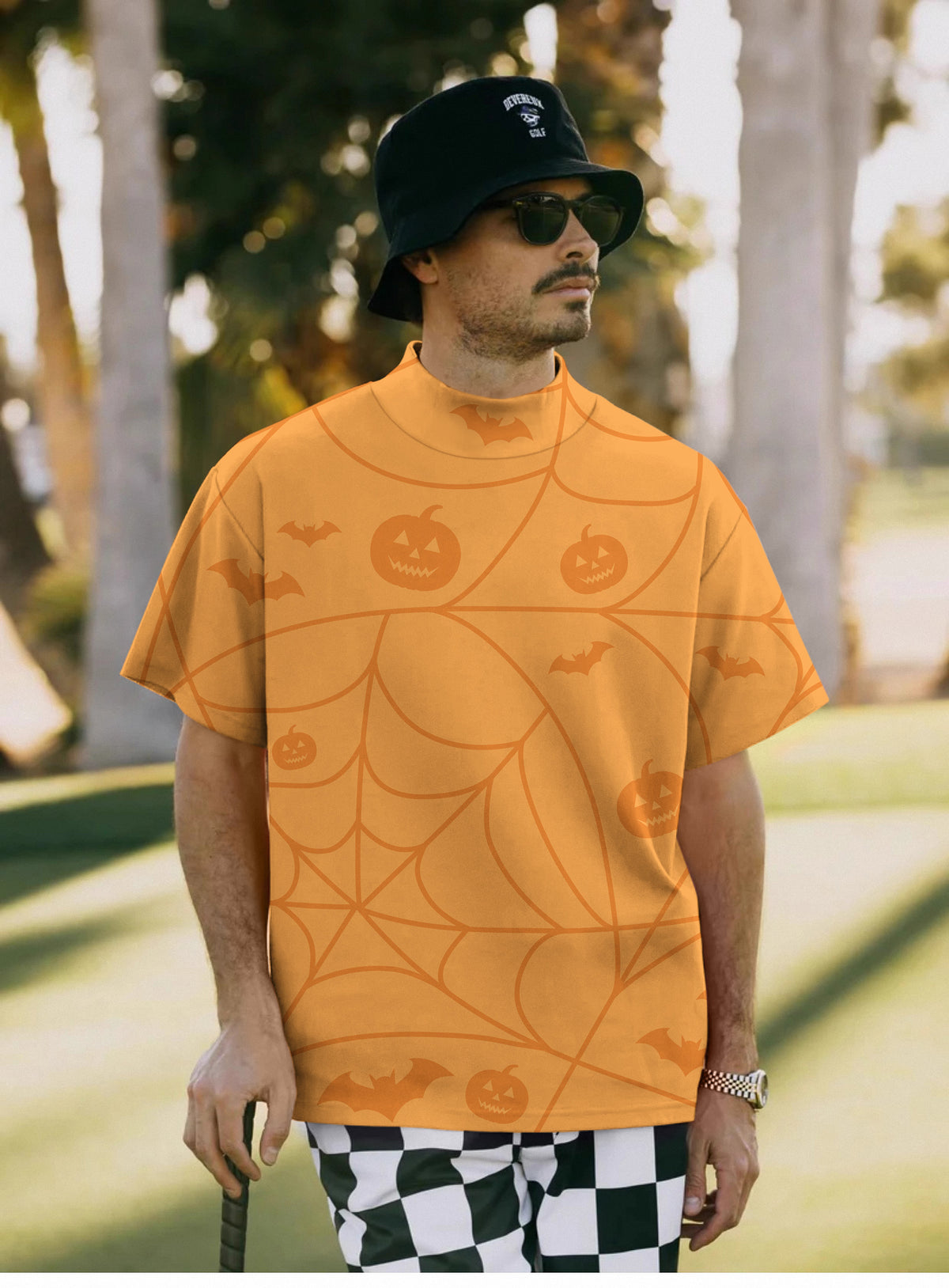 Men's Halloween Spiderweb Pumpkin Mock Neck Long/Short Sleeve Golf Tops