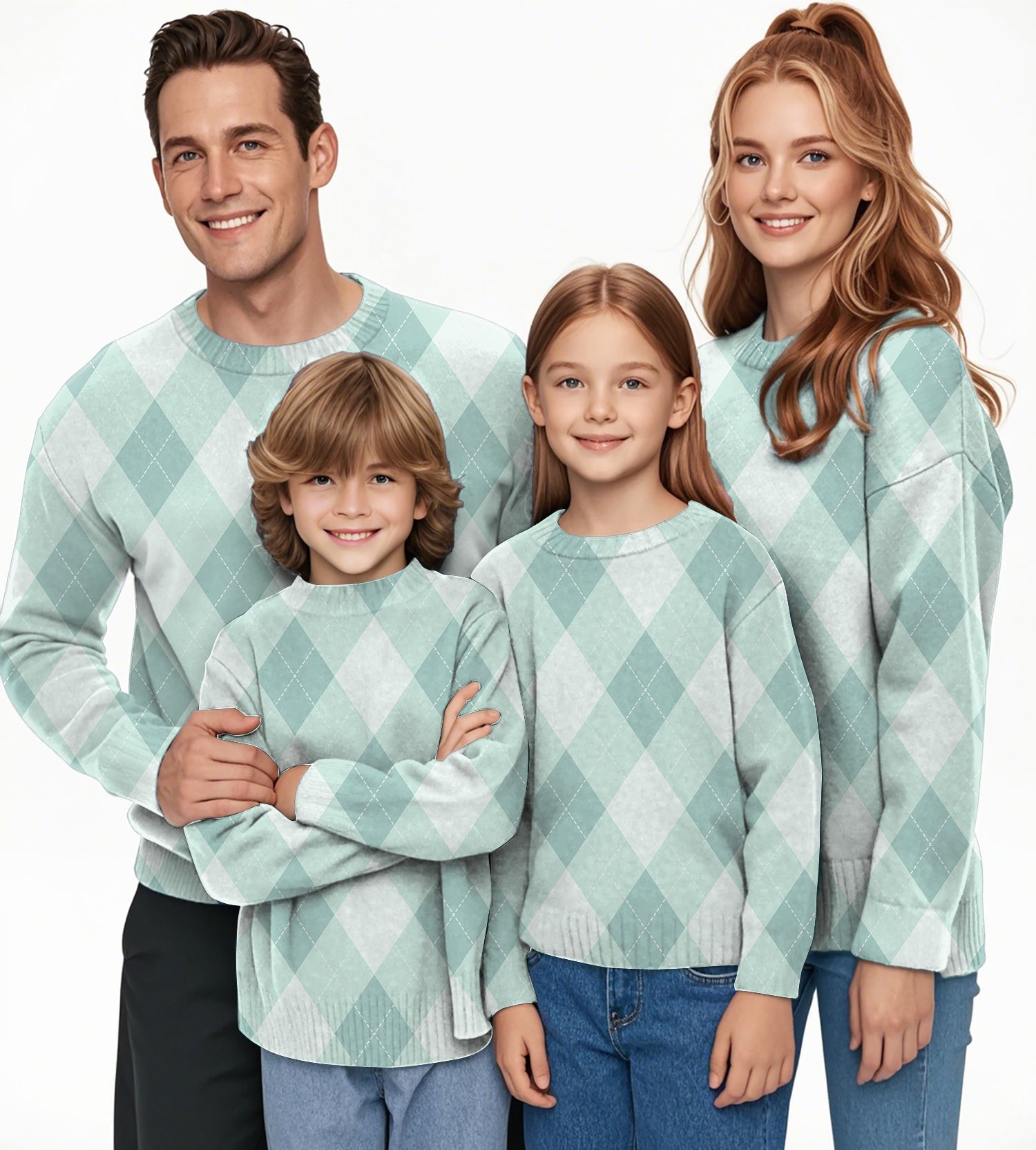 family wearing green argyle crewneck pullover sweaters smiling on white background