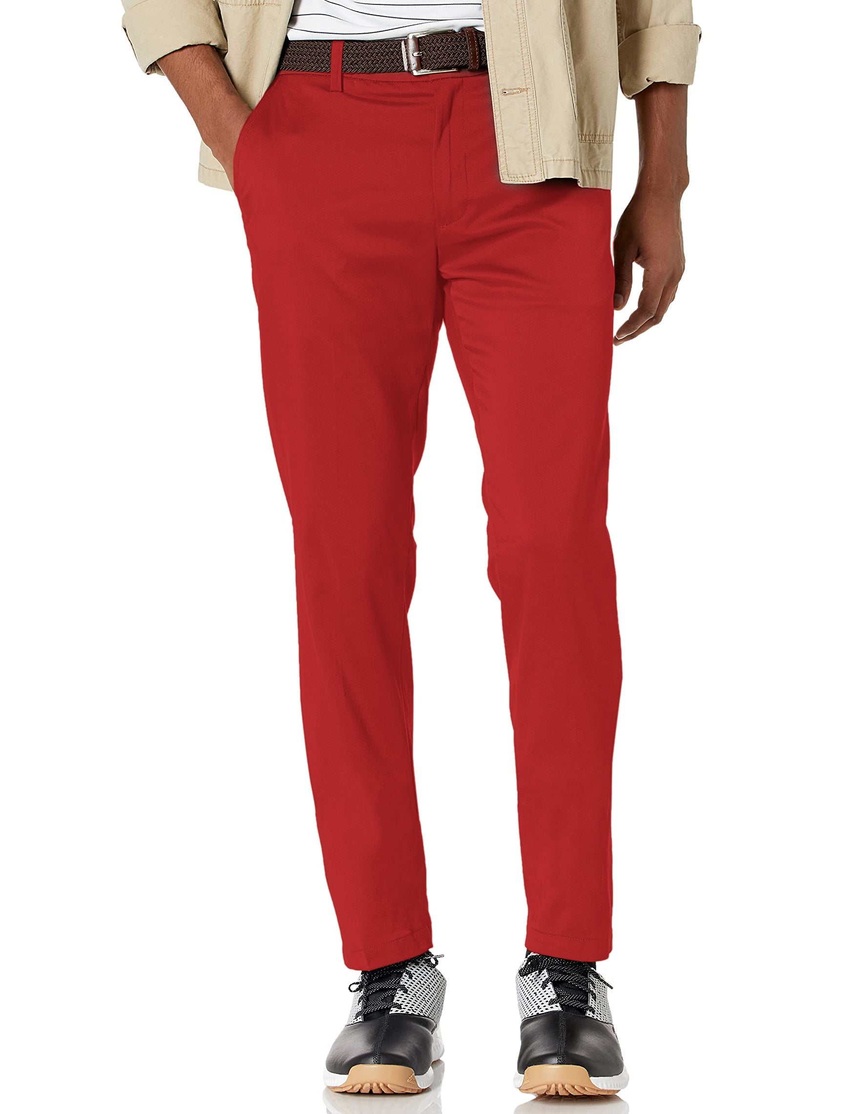 Men's pure festive stretch golf pants in red with moisture-wicking, wrinkle-resistant fabric and active waistband