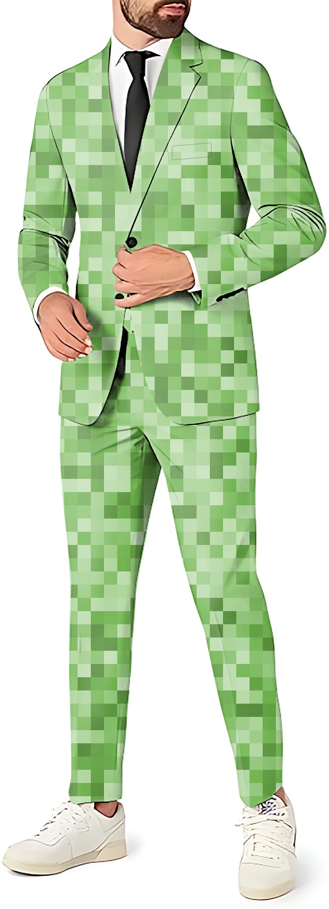 Light green pixel pattern men's party suit with blazer, pants, and vest