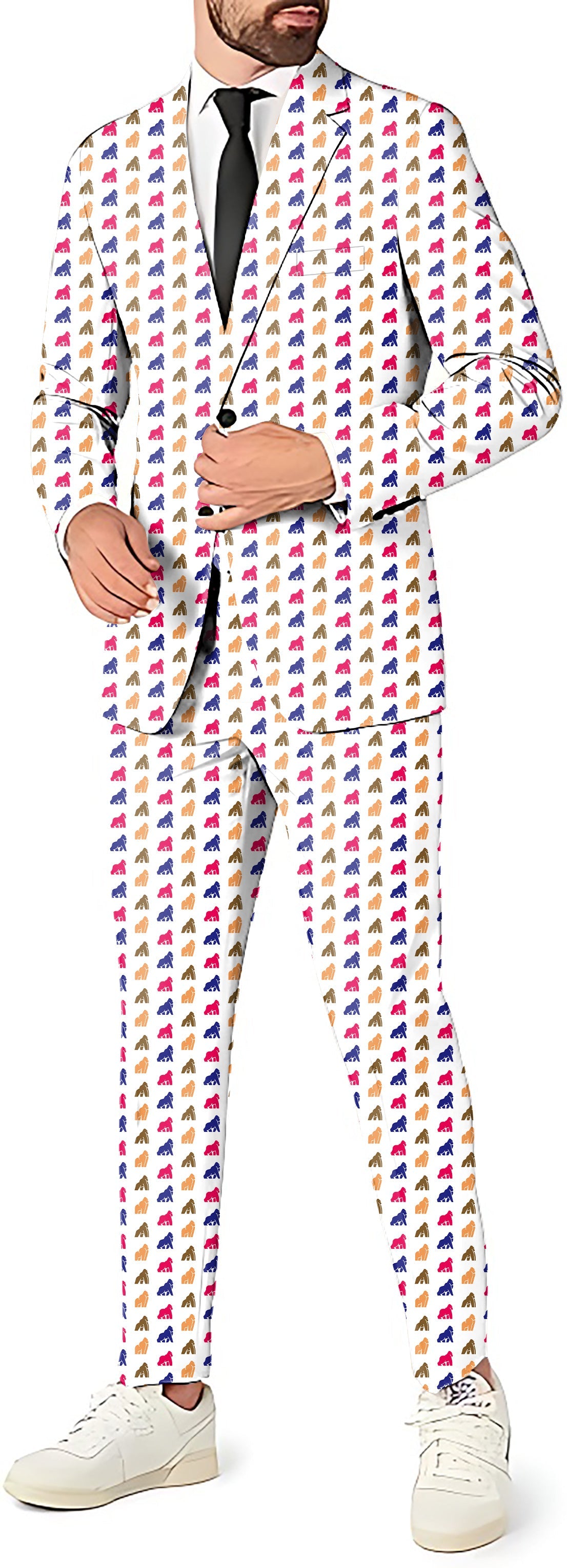 Gorillas men's party costume suit with blazer, pants, and vest in colorful geometric print