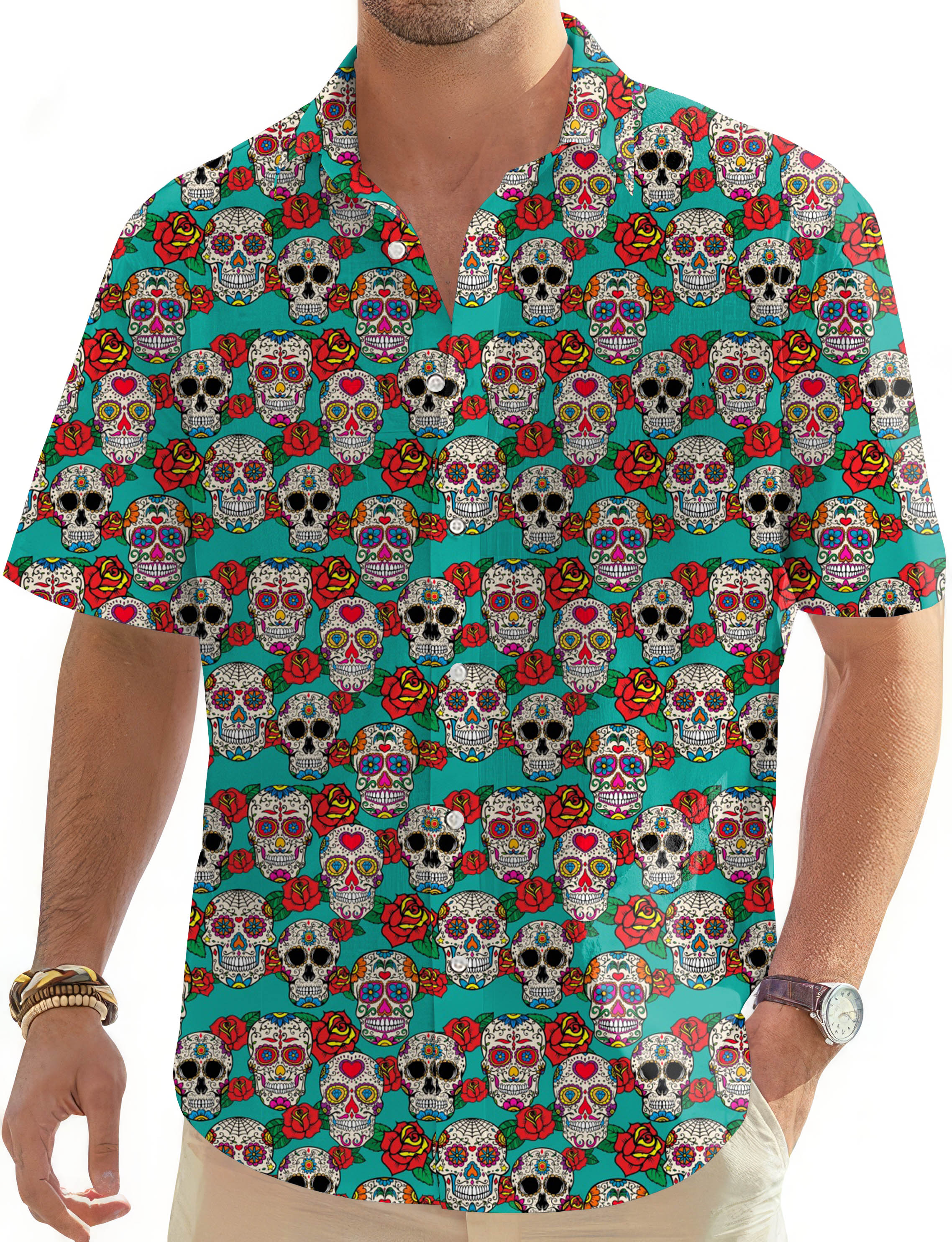 Men's short sleeve skull and rose Hawaiian shirt with button-down collar in vibrant teal color