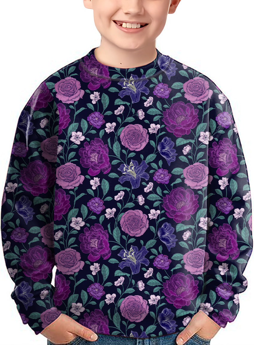 Kids purple floral crewneck pullover with vibrant flower pattern